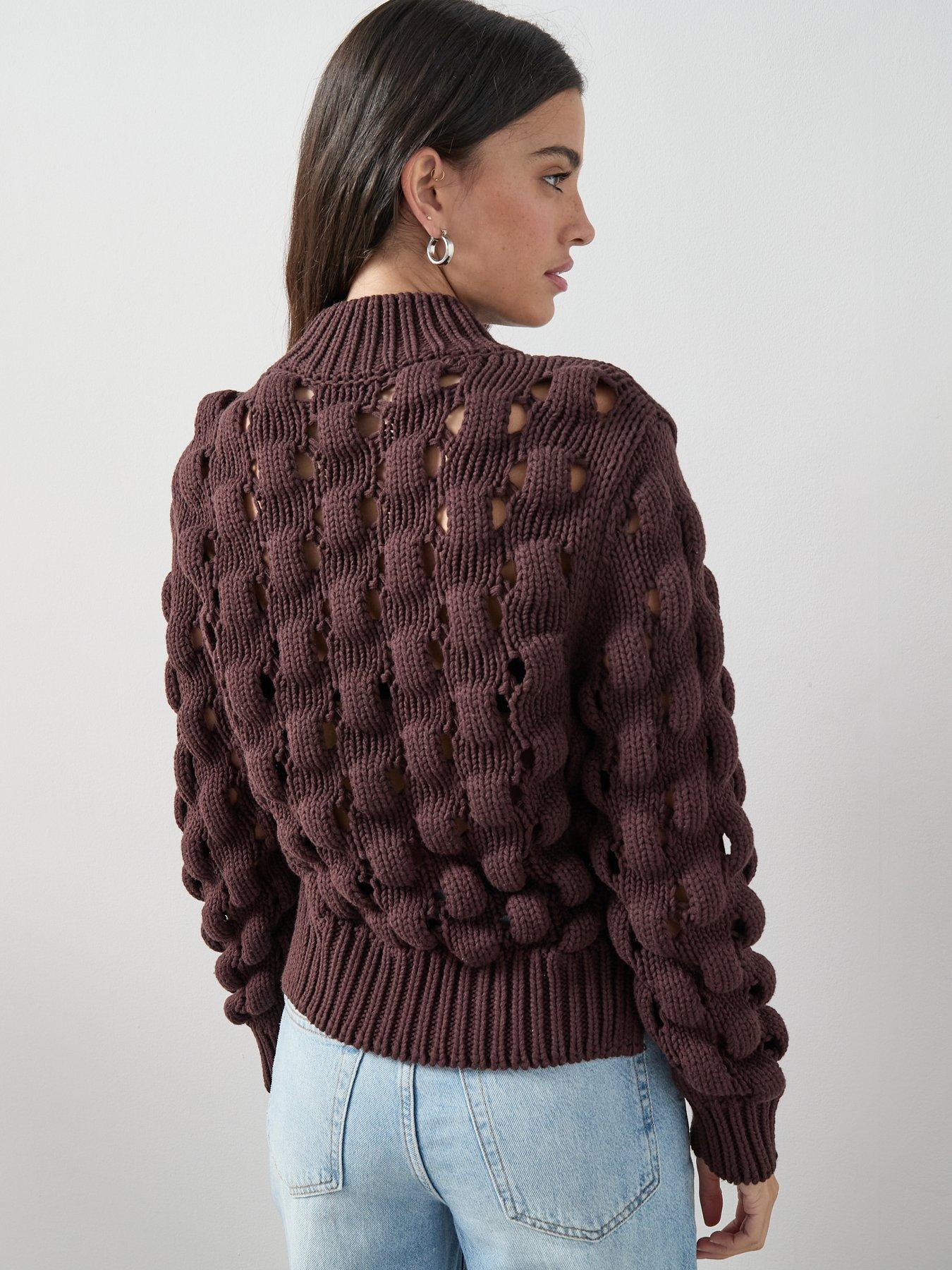 stillFront image of the-very-collection-cotton-rich-funnel-neck-bubble-stitch-jumper-chocolate