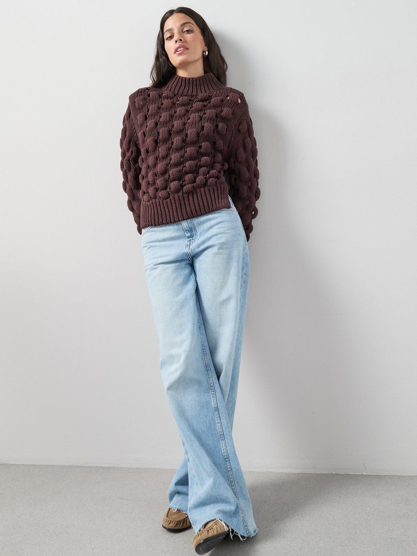  image of the-very-collection-cotton-rich-funnel-neck-bubble-stitch-jumper-chocolate