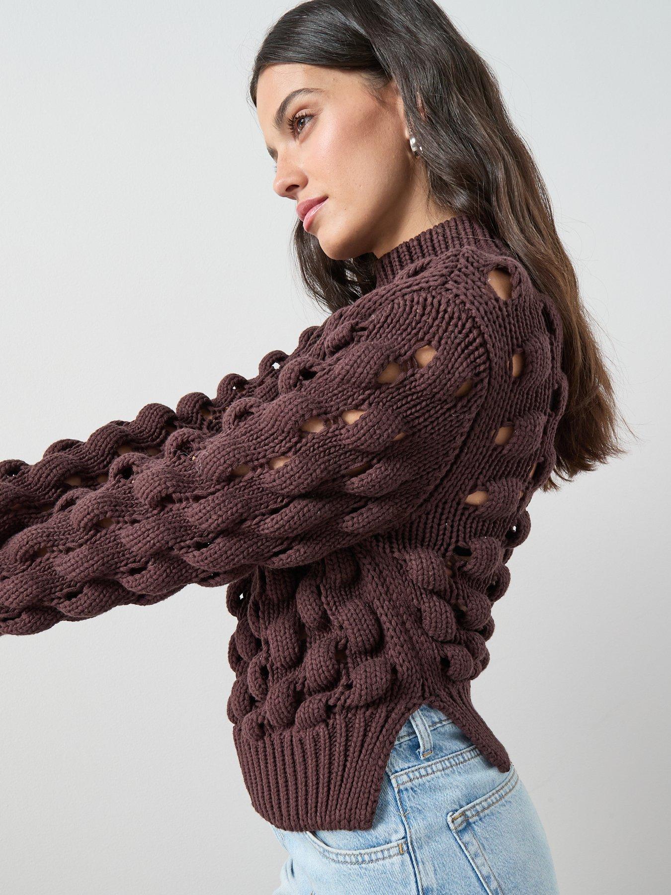  image of the-very-collection-cotton-rich-funnel-neck-bubble-stitch-jumper-chocolate