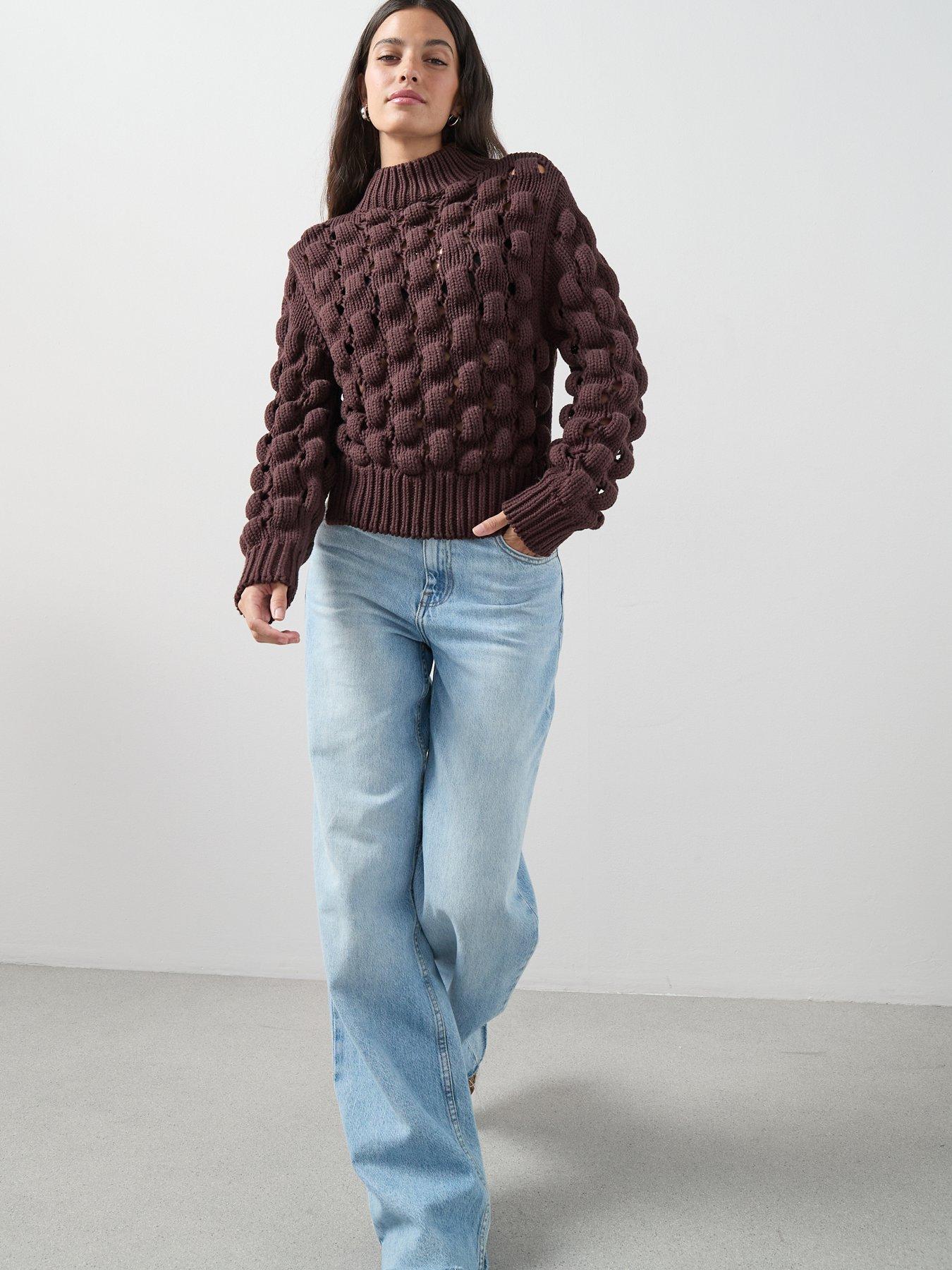  image of the-very-collection-cotton-rich-funnel-neck-bubble-stitch-jumper-chocolate
