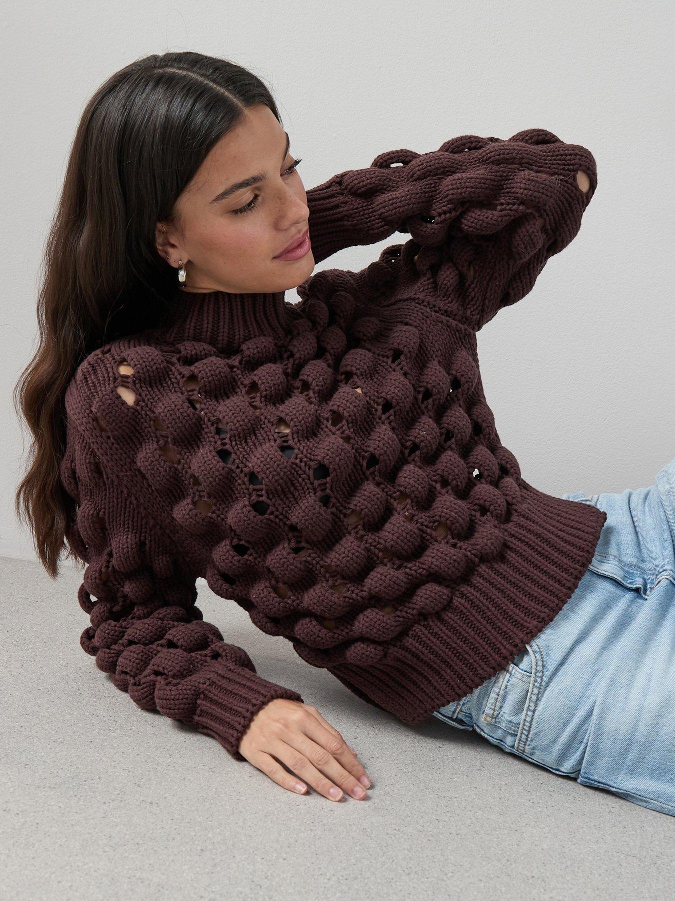  image of the-very-collection-cotton-rich-funnel-neck-bubble-stitch-jumper-chocolate