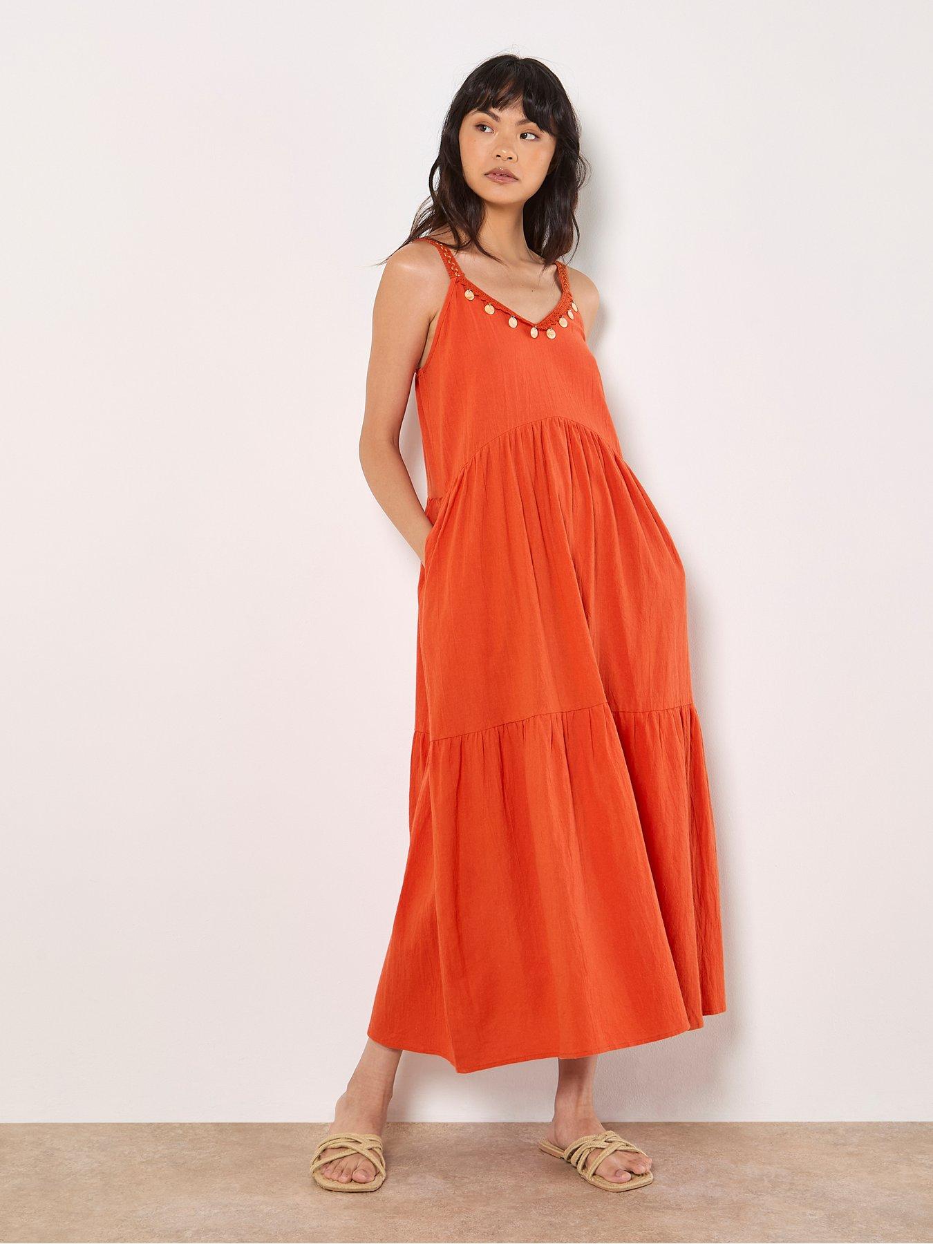 undefined Shell Detail Tiered Midaxi Dress - Orange