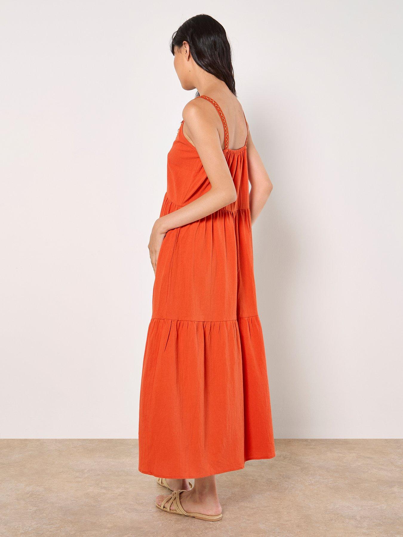  image of apricot-shell-detail-tiered-midaxi-dress-orange