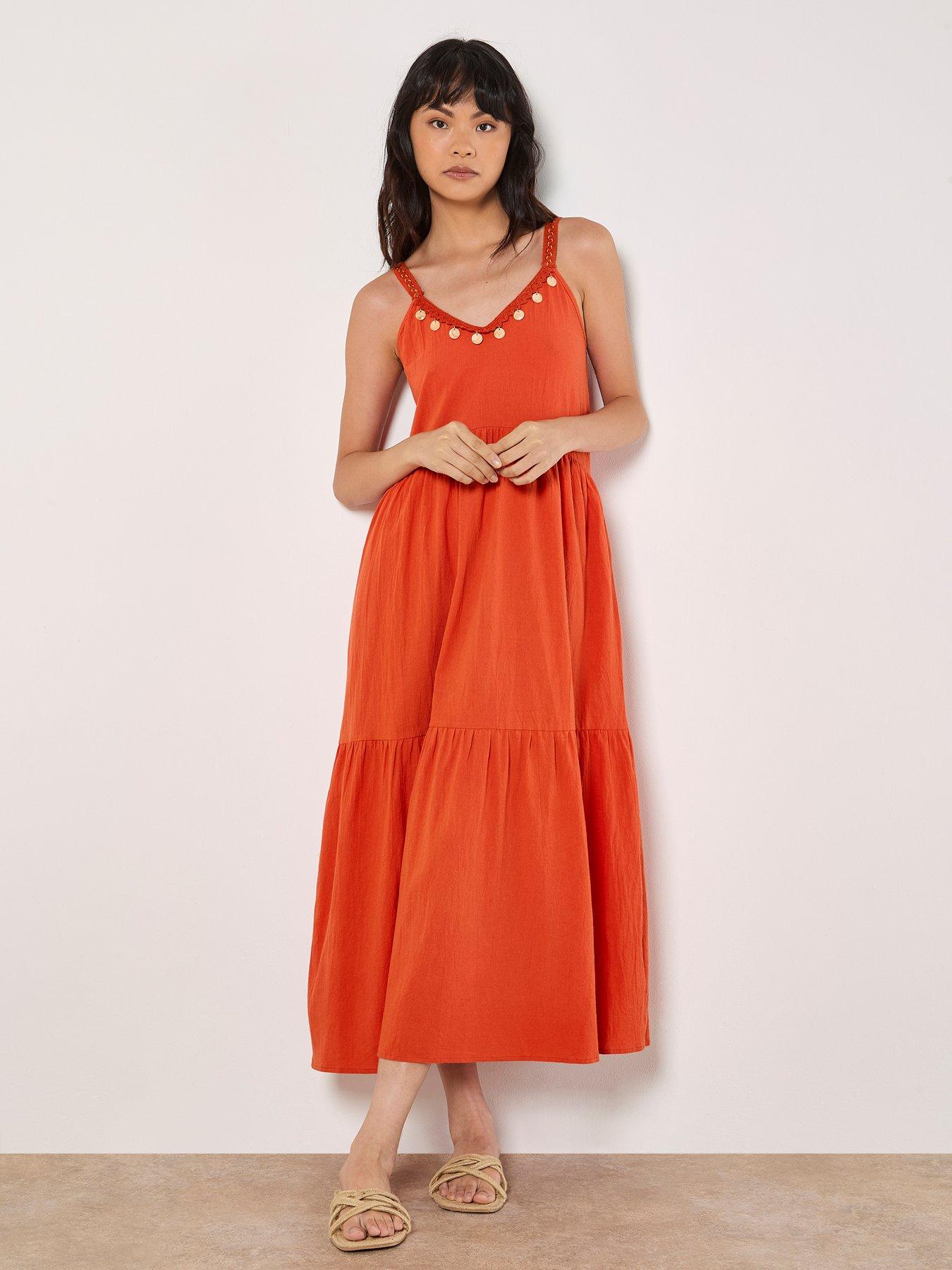  image of apricot-shell-detail-tiered-midaxi-dress-orange