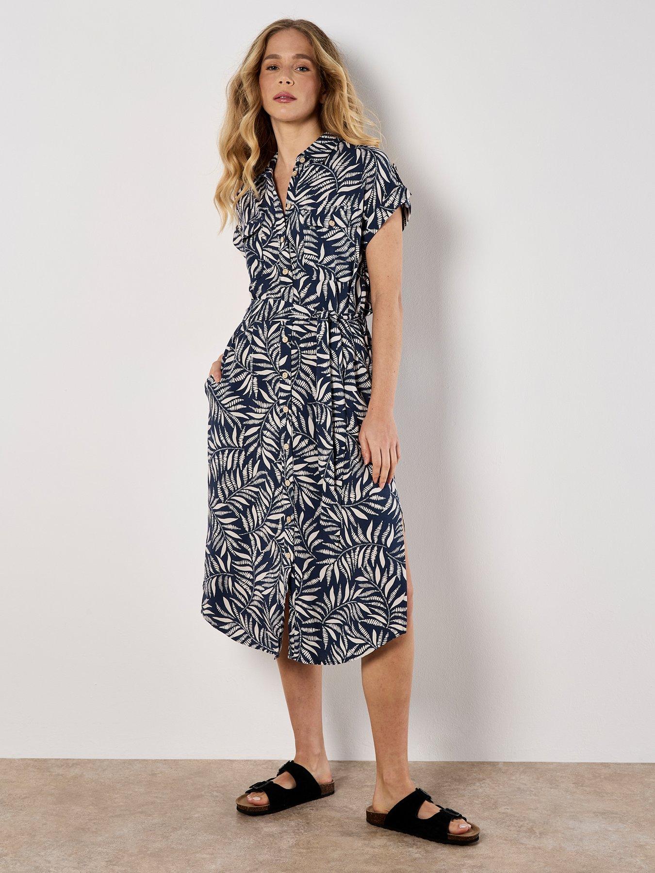undefined Flowing Leaves Belted Shirt Dress