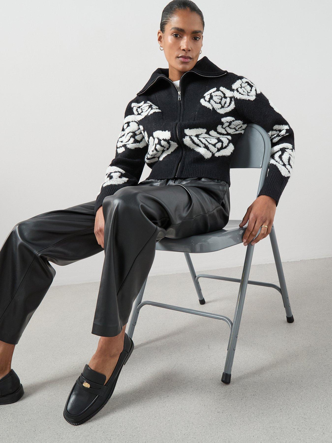 The Very Collection Style Yarn Zip Through Rose Jacquard Cardigan with Wool - Black