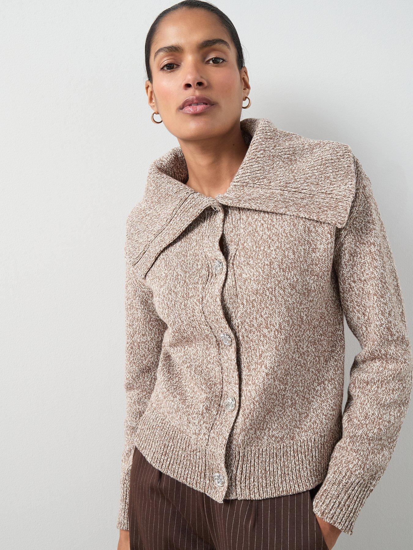 Image 1 of 6 of The Very Collection Collared Neck Twist Yarn Cardigan With Wool - Brown