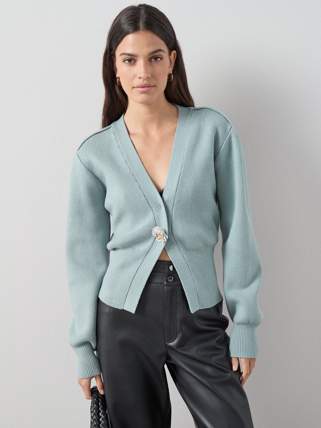 the-very-collection-v-neck-sinched-waist-cardigan-with-detachable-brooch-blue
