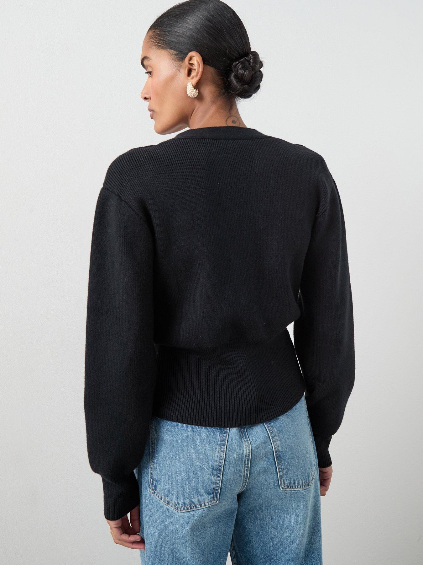  image of the-very-collection-v-neck-sinched-waist-cardigan-with-detachable-brooch-black