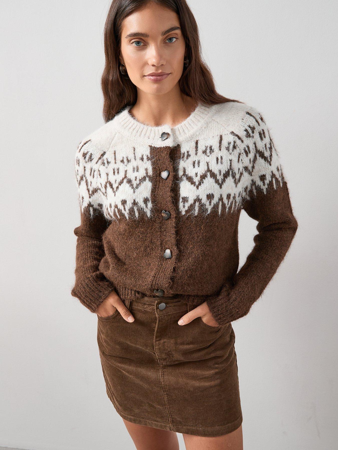 undefined Crew Neck Fairisle Jacquard Cardigan With Wool - Chocolate
