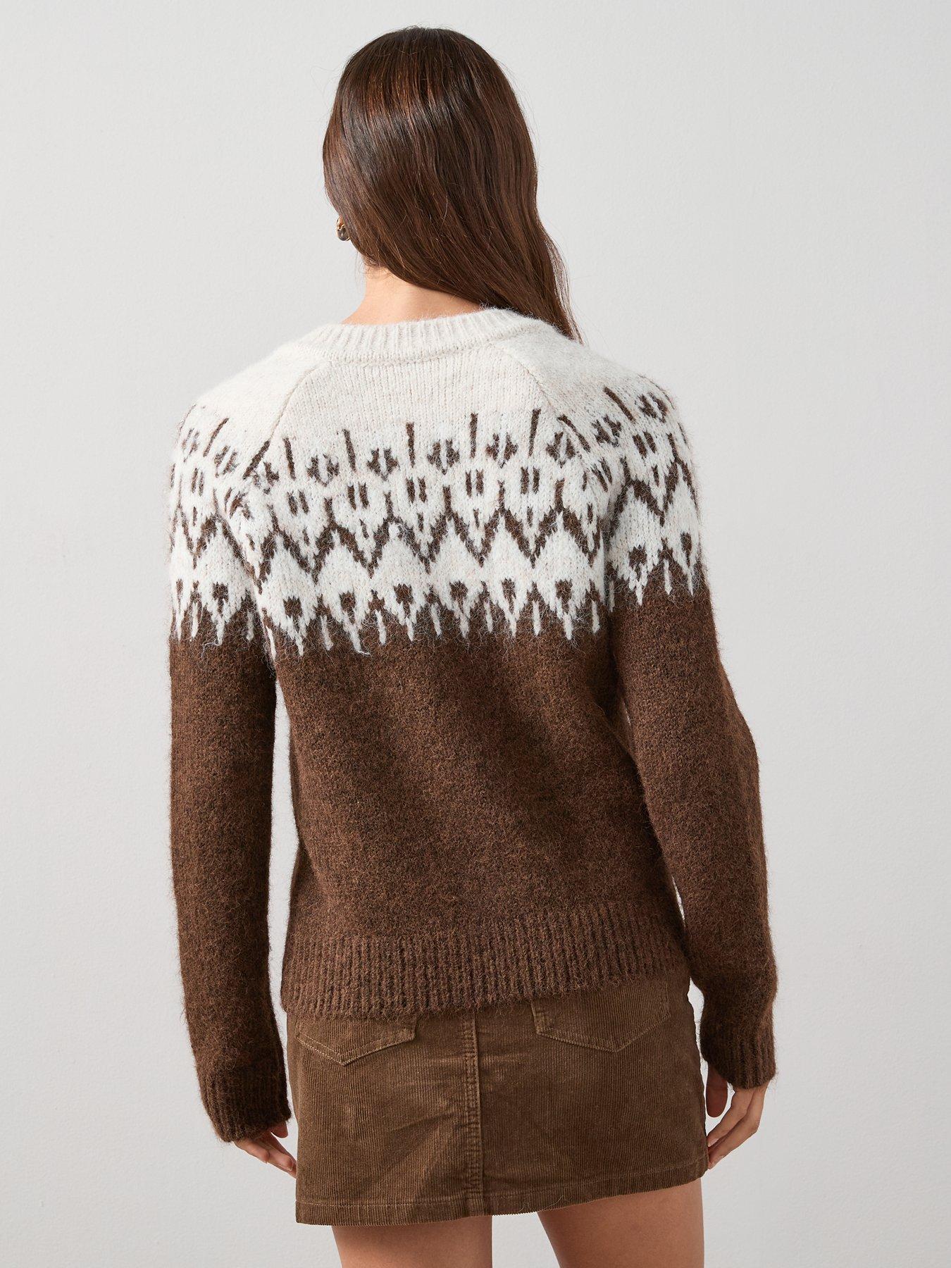 Image 2 of 7 of The Very Collection Crew Neck Fairisle Jacquard Cardigan With Wool - Chocolate