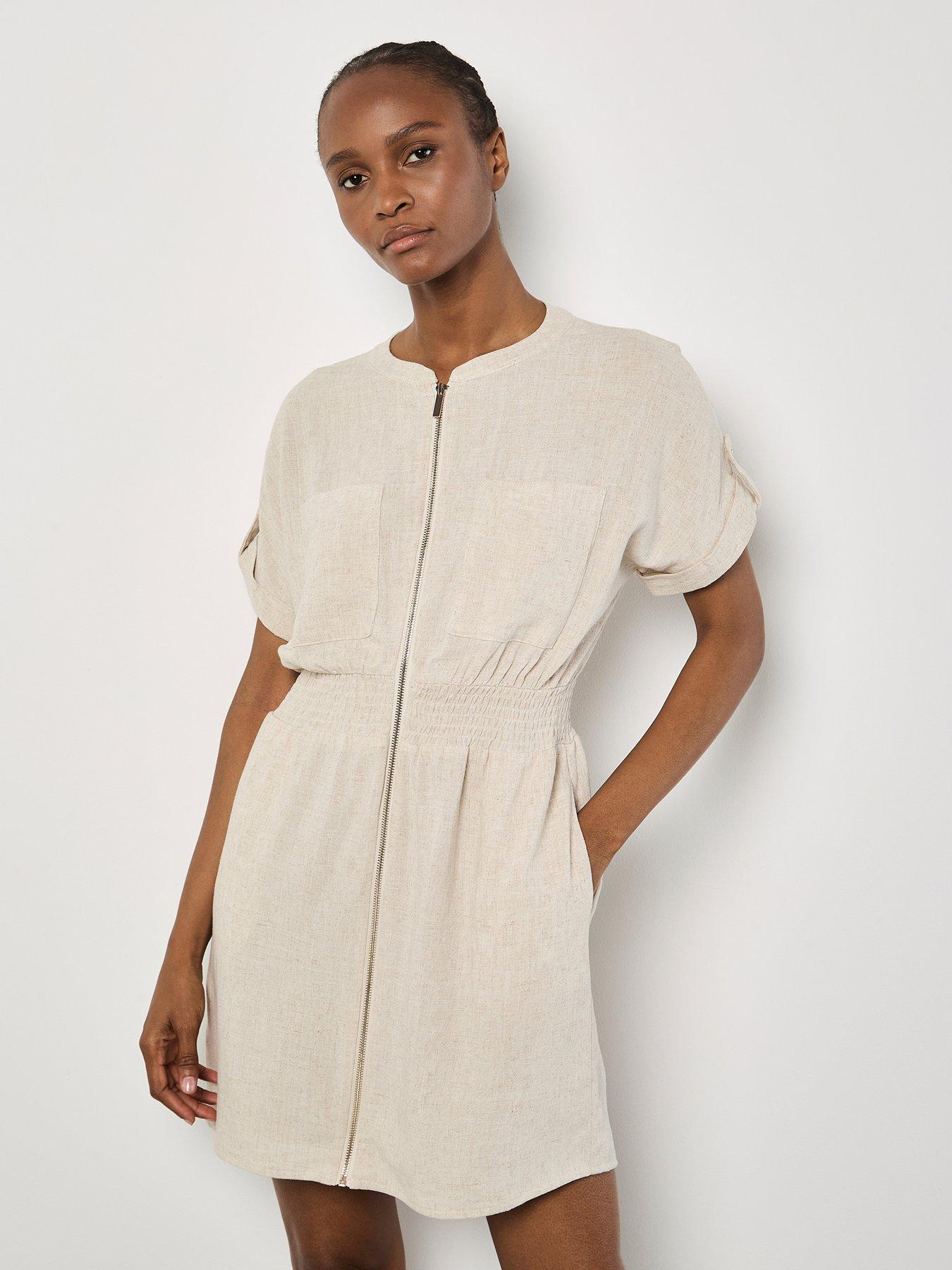 apricot-linen-mix-zip-thru-dress