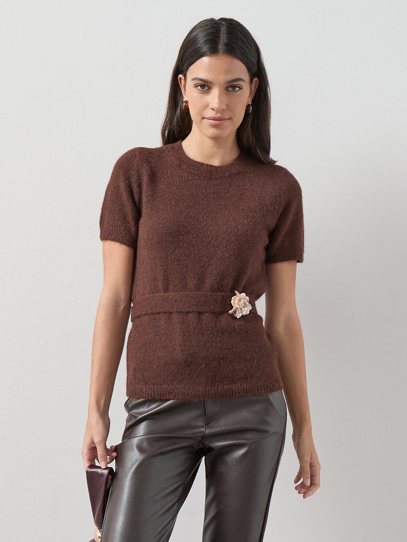 Image 1 of 7 of The Very Collection Crew Neck Belted Jumper with Detachable Brooch - Chocolate