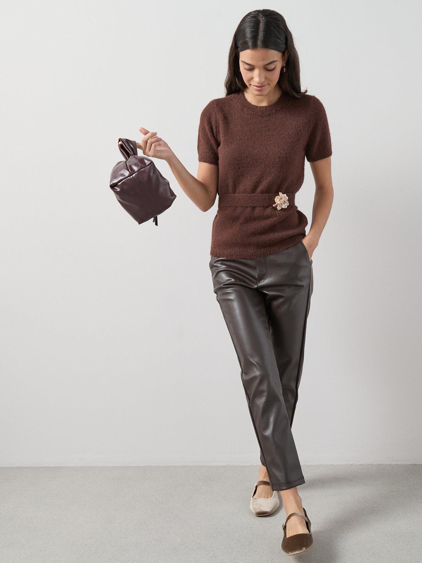 Image 3 of 7 of The Very Collection Crew Neck Belted Jumper with Detachable Brooch - Chocolate