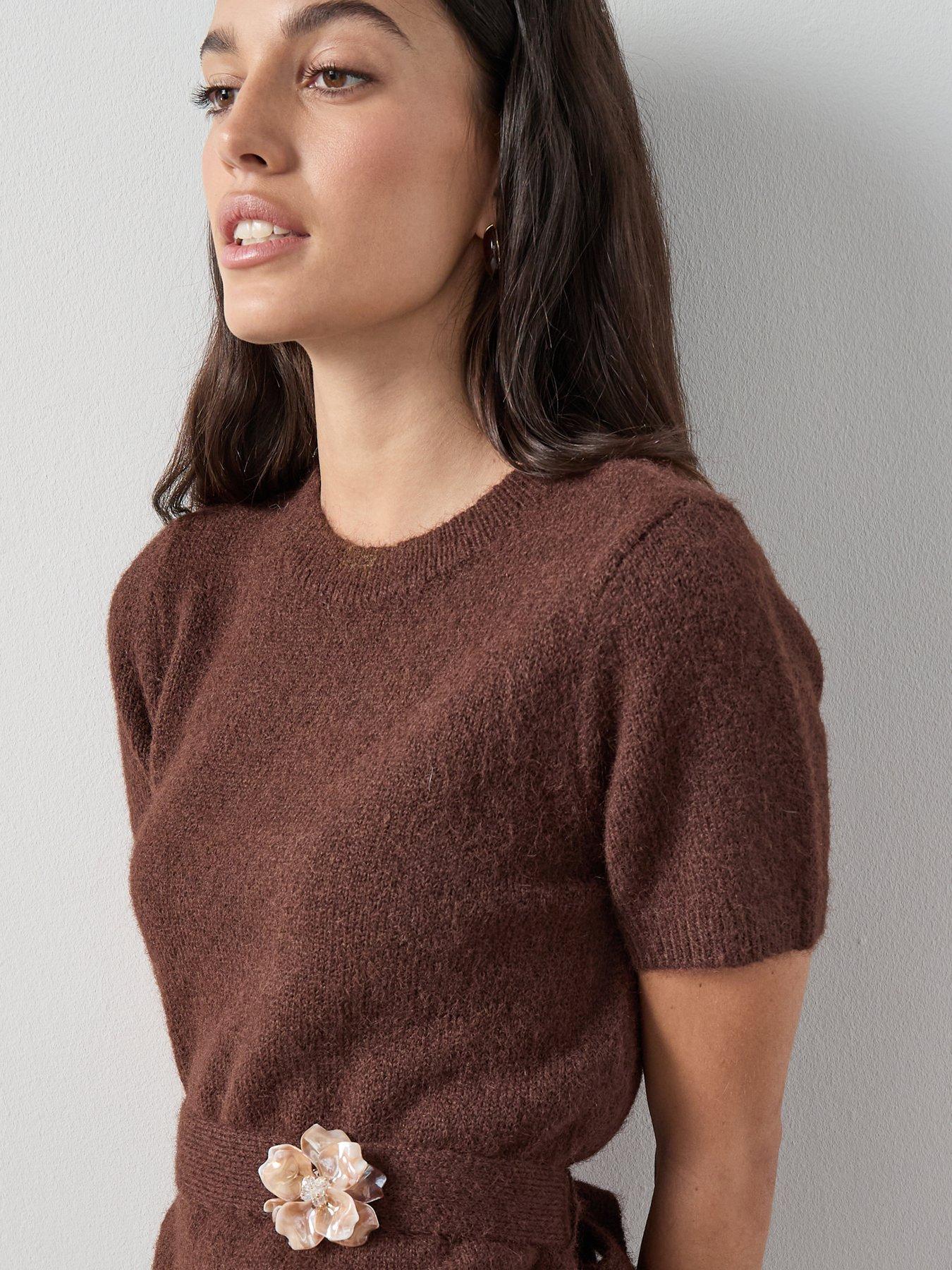 Image 4 of 7 of The Very Collection Crew Neck Belted Jumper with Detachable Brooch - Chocolate