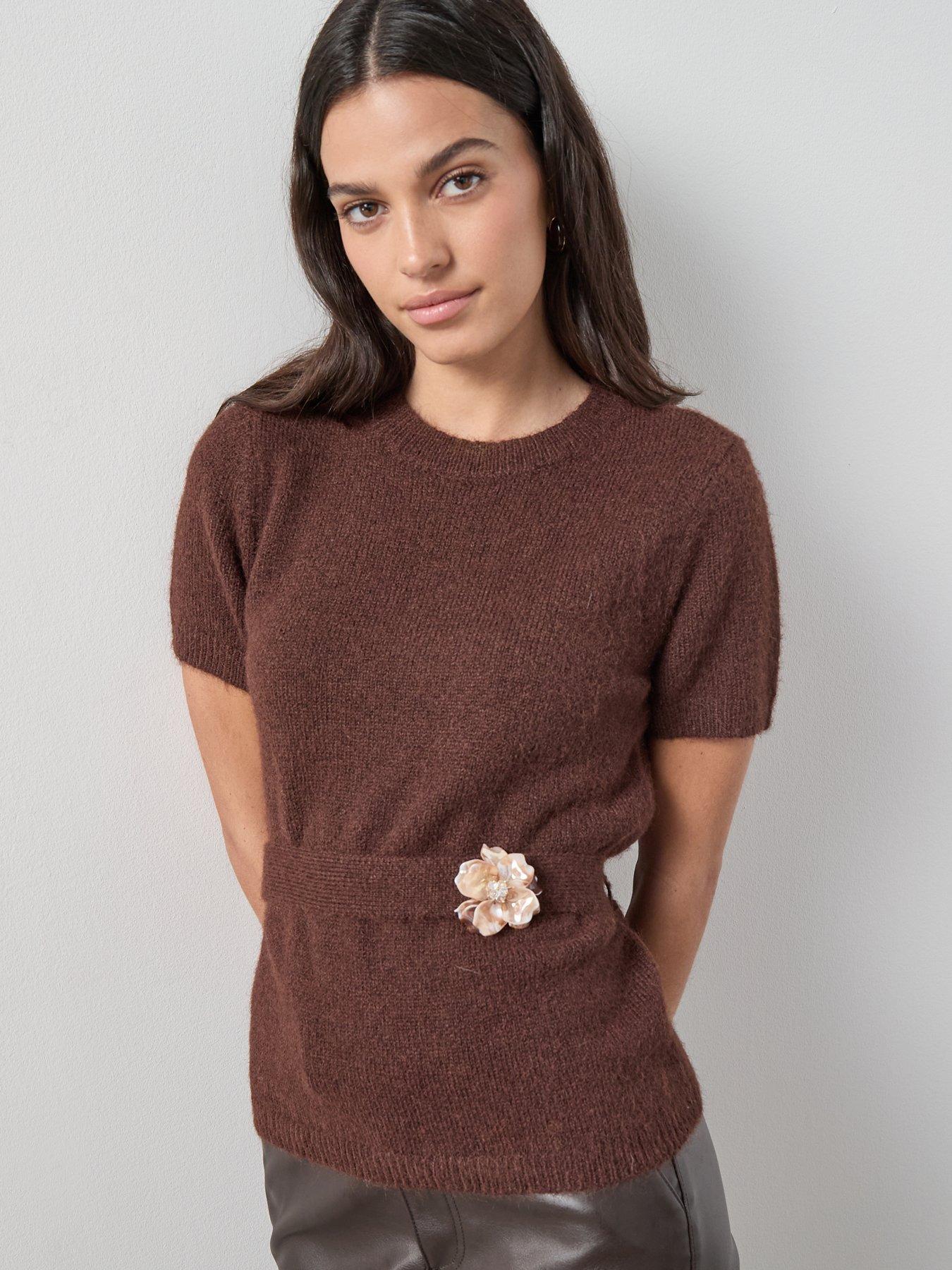 Image 5 of 7 of The Very Collection Crew Neck Belted Jumper with Detachable Brooch - Chocolate