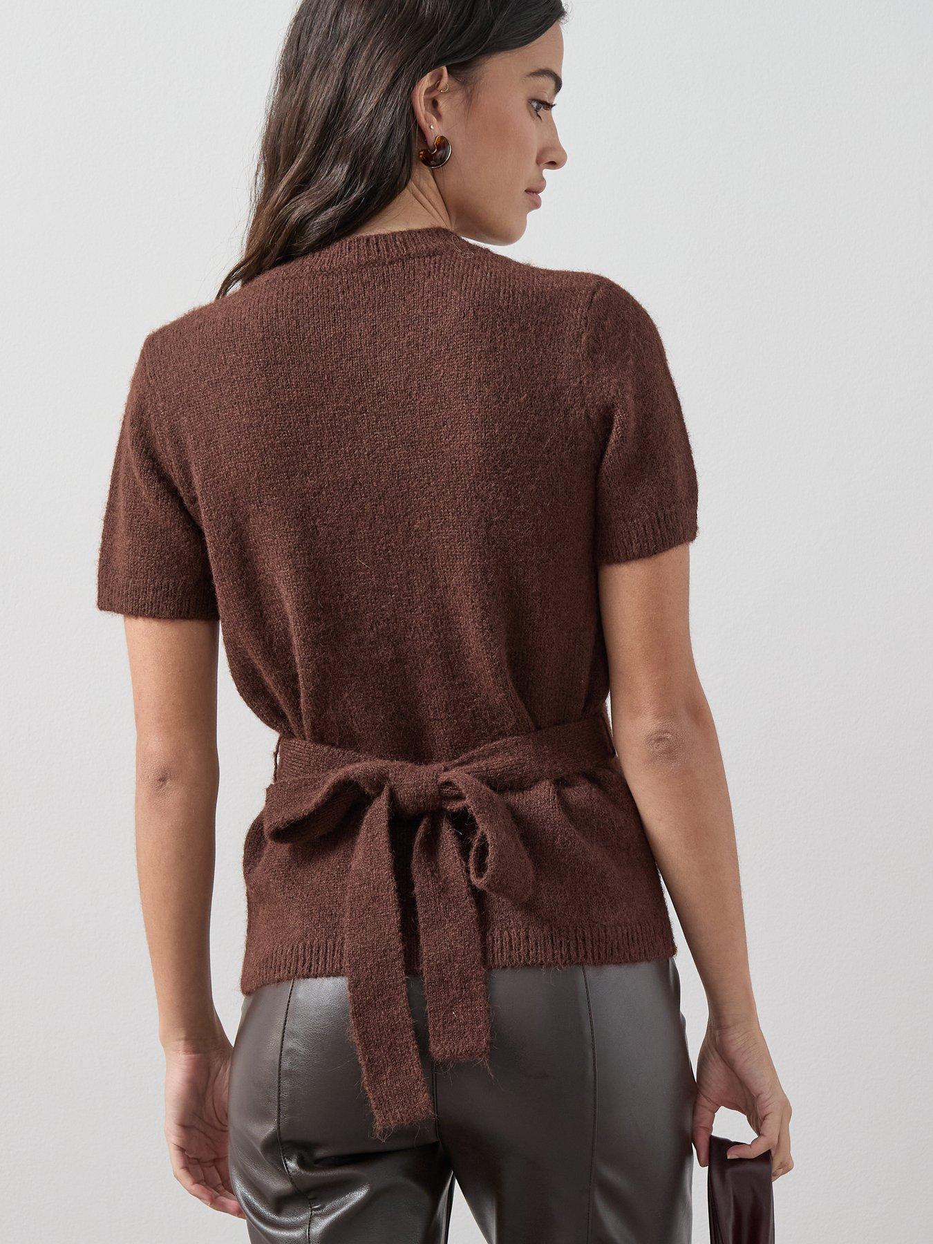 Image 6 of 7 of The Very Collection Crew Neck Belted Jumper with Detachable Brooch - Chocolate