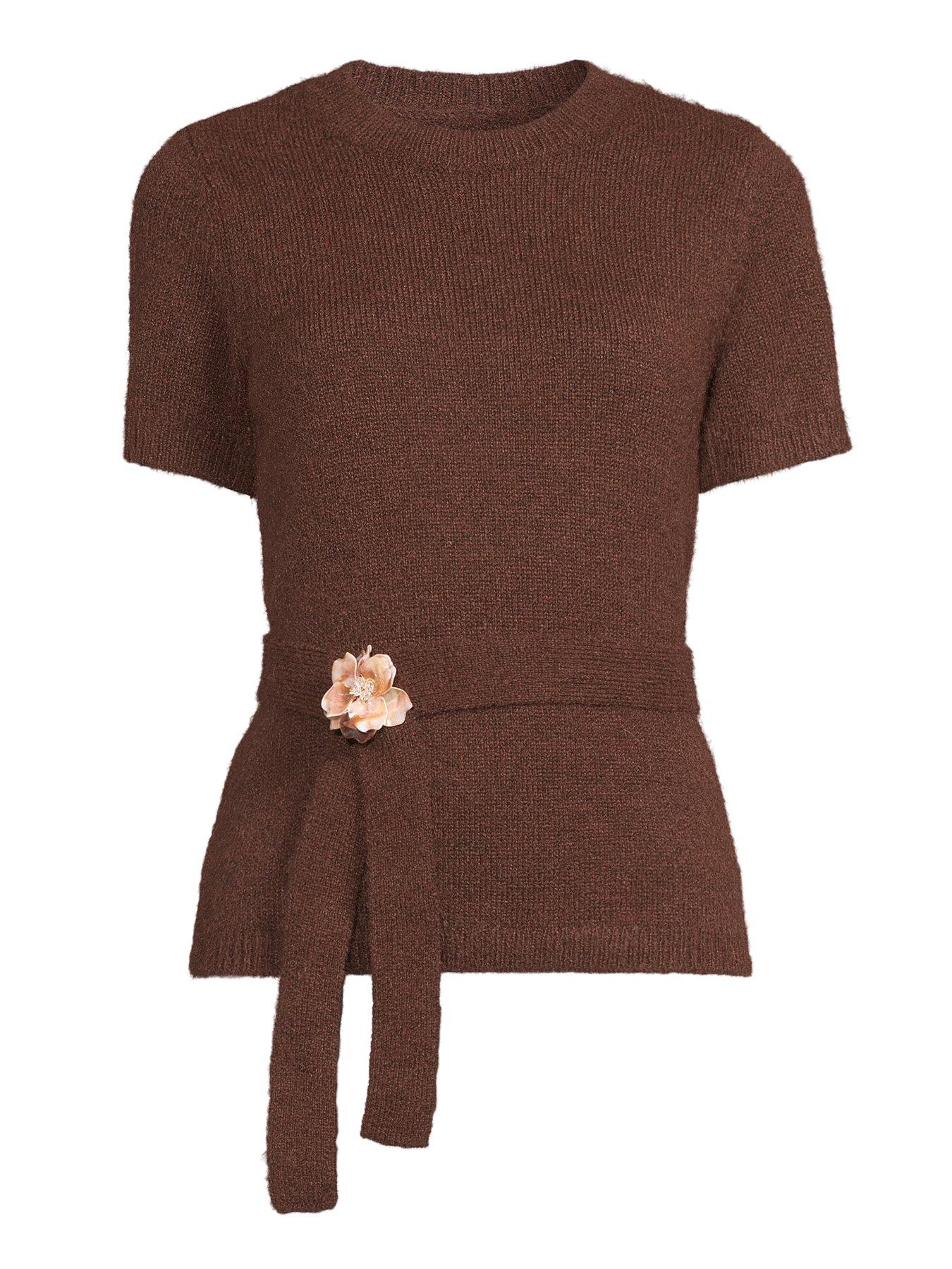 Image 7 of 7 of The Very Collection Crew Neck Belted Jumper with Detachable Brooch - Chocolate