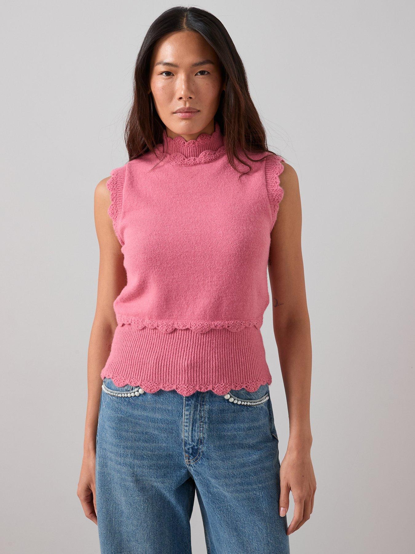 The Very Collection Funnel Neck Picot Trim Sleeveless Vest - Pink