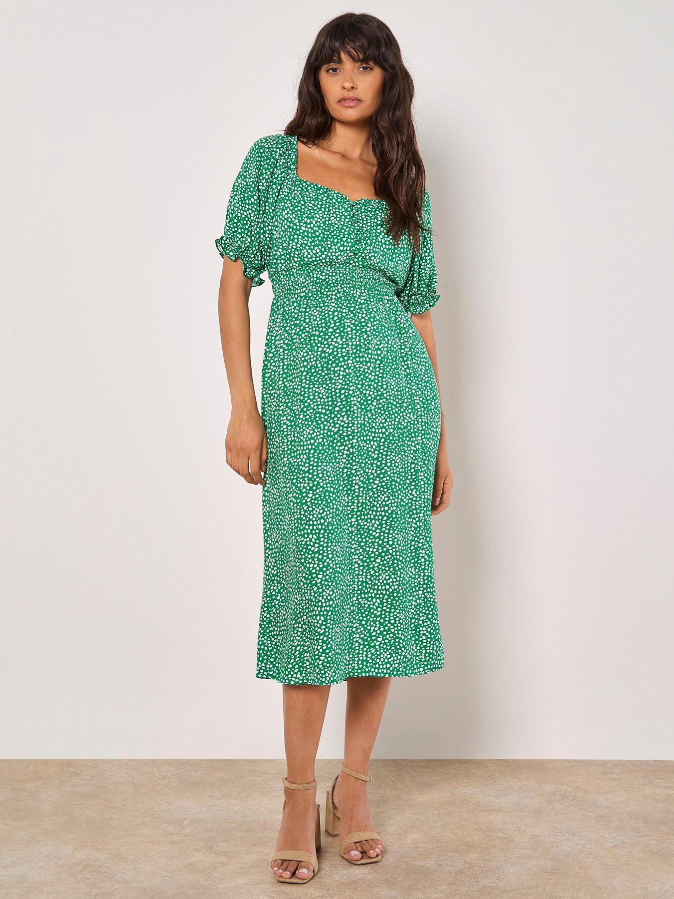  image of apricot-btn-thru-spot-print-milkmaid-dress
