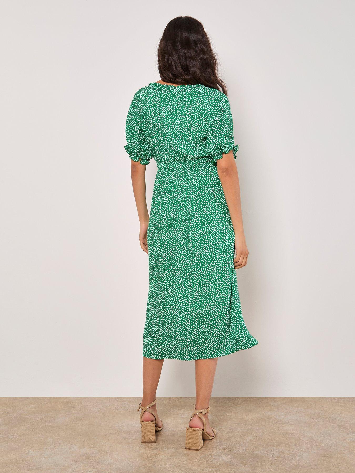  image of apricot-btn-thru-spot-print-milkmaid-dress