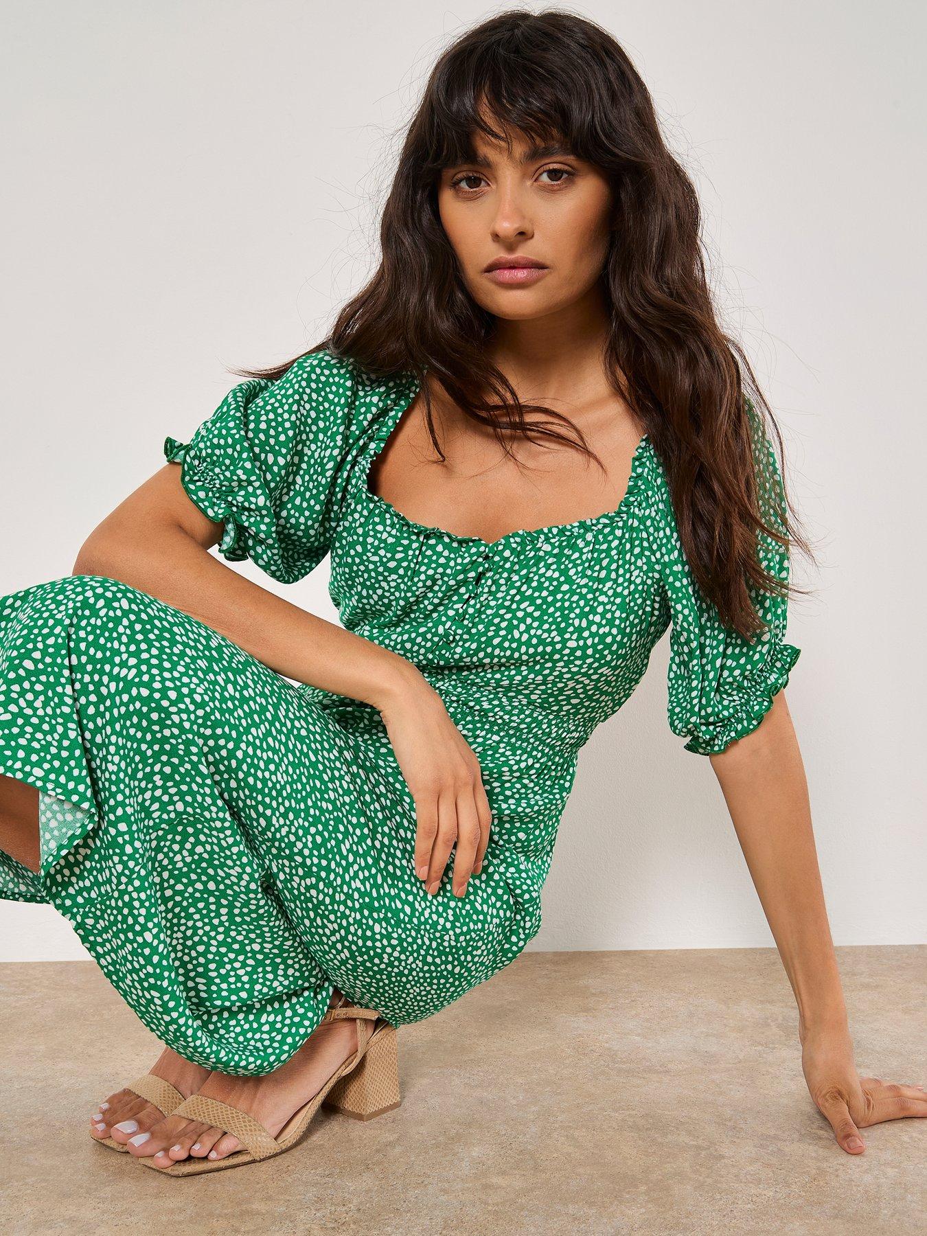  image of apricot-btn-thru-spot-print-milkmaid-dress