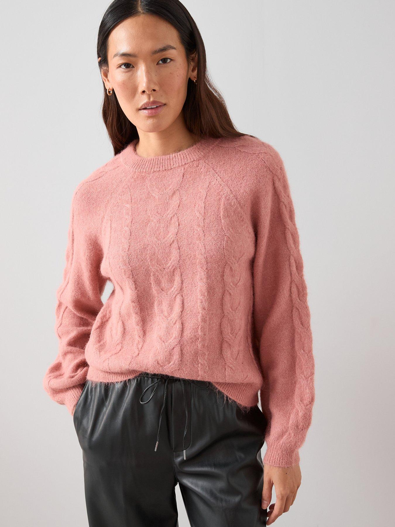 stillFront image of the-very-collection-crew-neck-bow-back-cable-jumper-pink