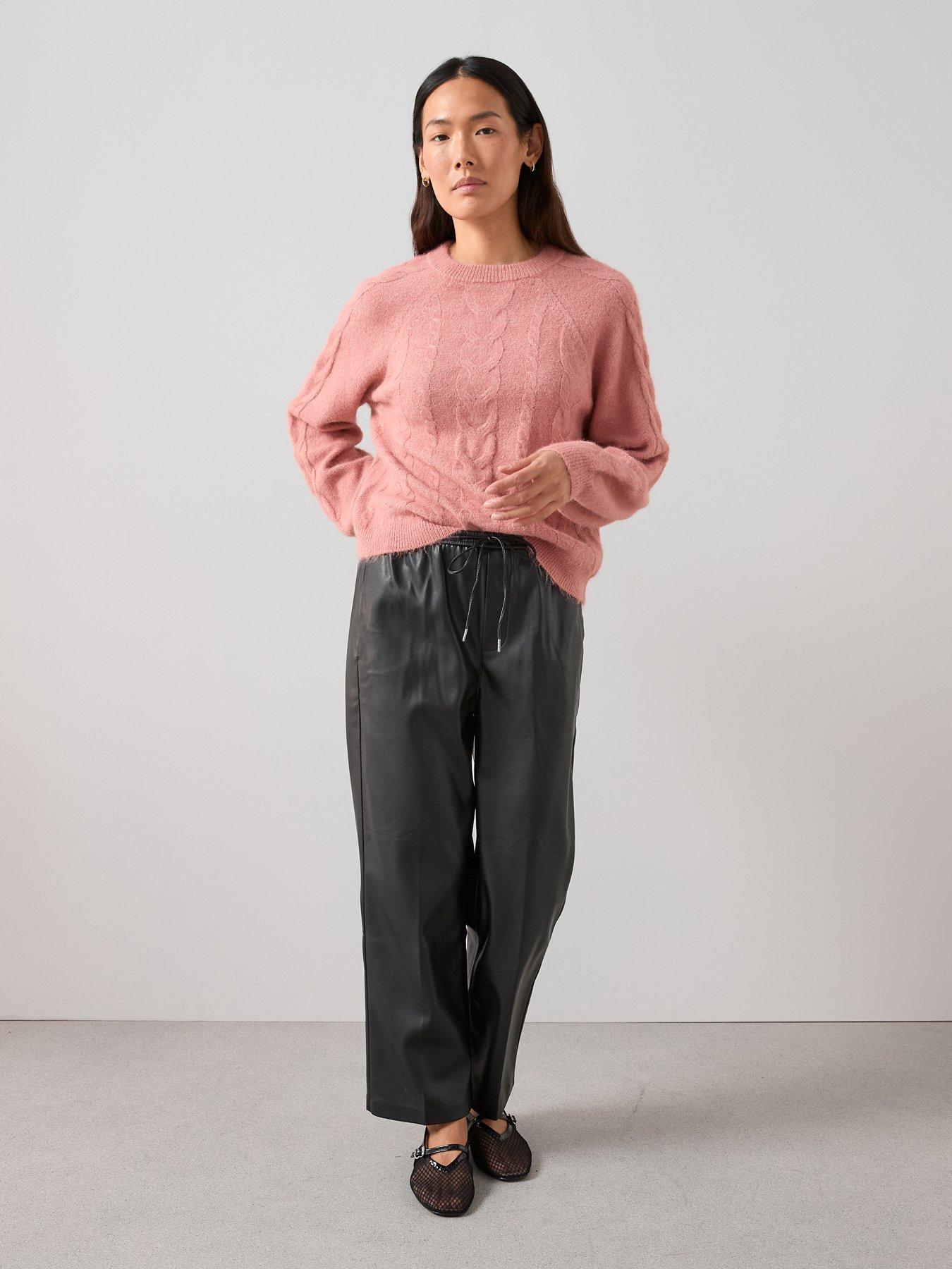  image of the-very-collection-crew-neck-bow-back-cable-jumper-pink