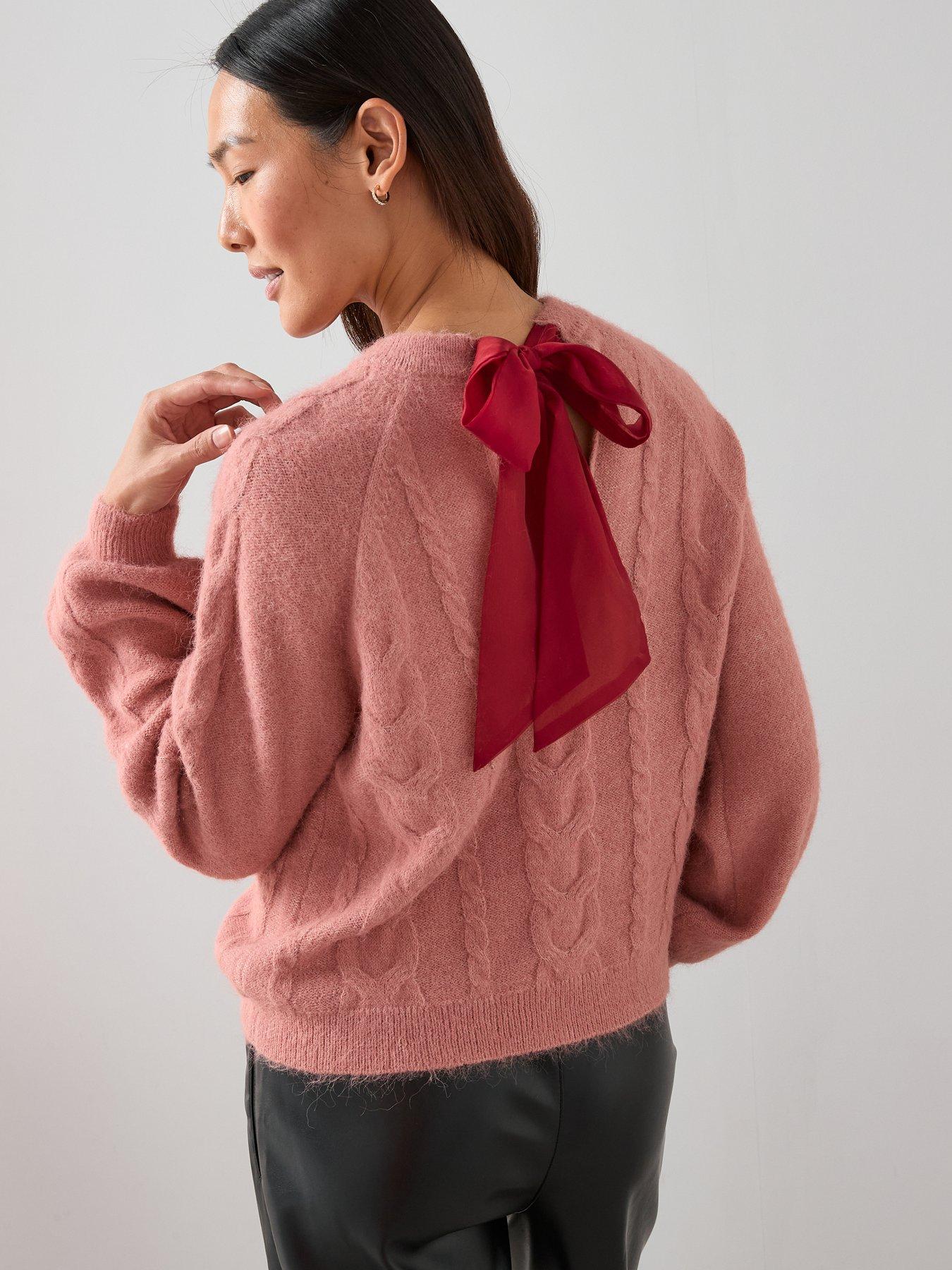  image of the-very-collection-crew-neck-bow-back-cable-jumper-pink