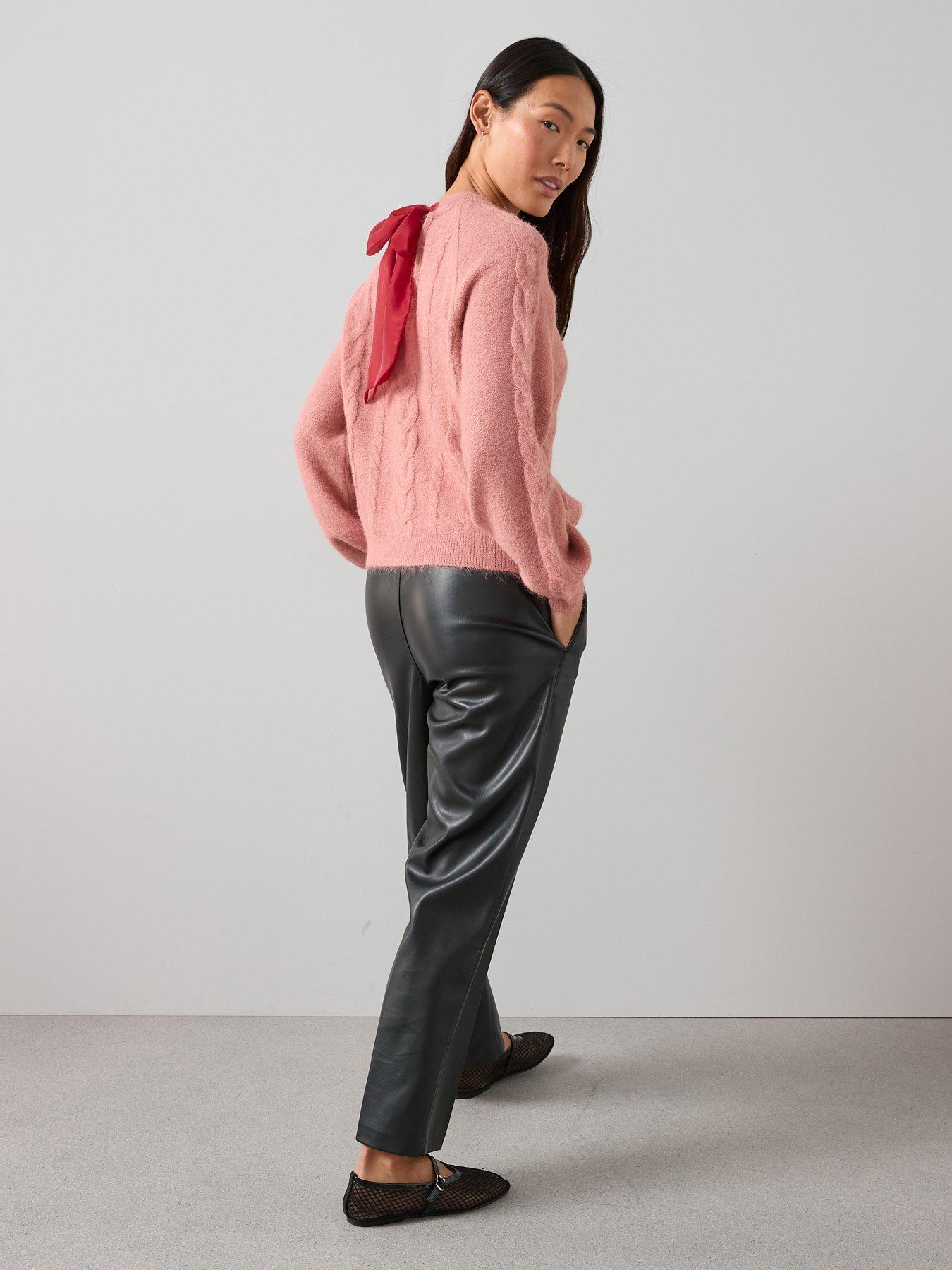  image of the-very-collection-crew-neck-bow-back-cable-jumper-pink