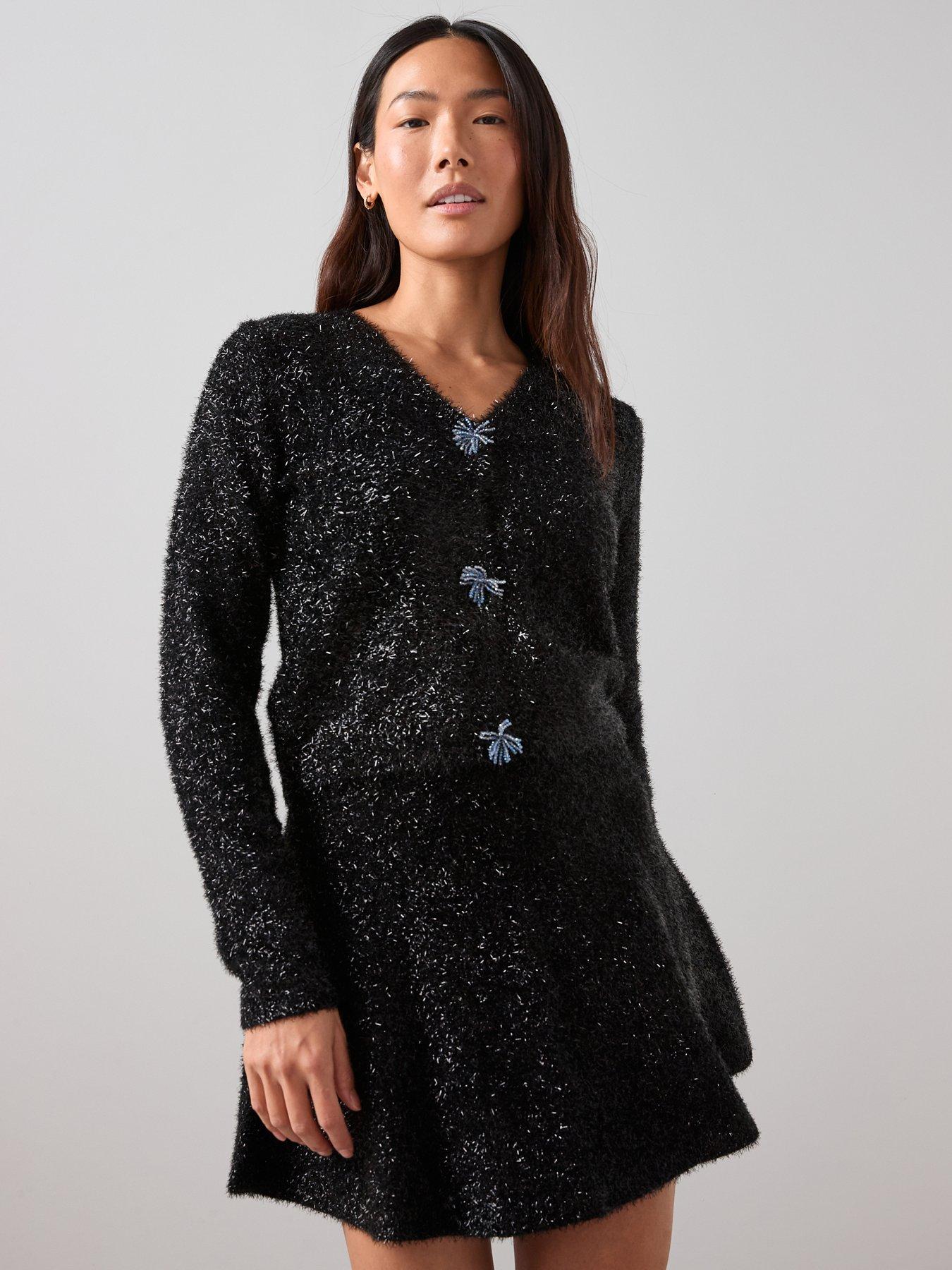  image of the-very-collection-fit-and-flare-tinsel-knitted-mini-skirt-co-ord-black