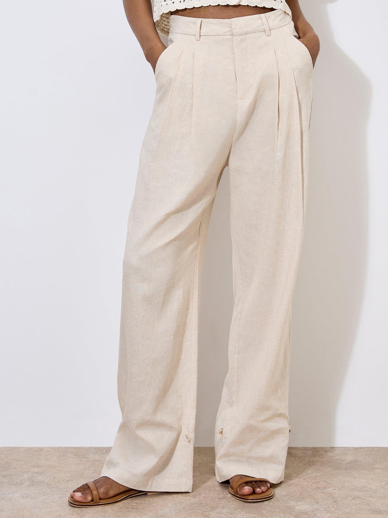undefined Pleated Wide Leg Cuff Trouser - Cream