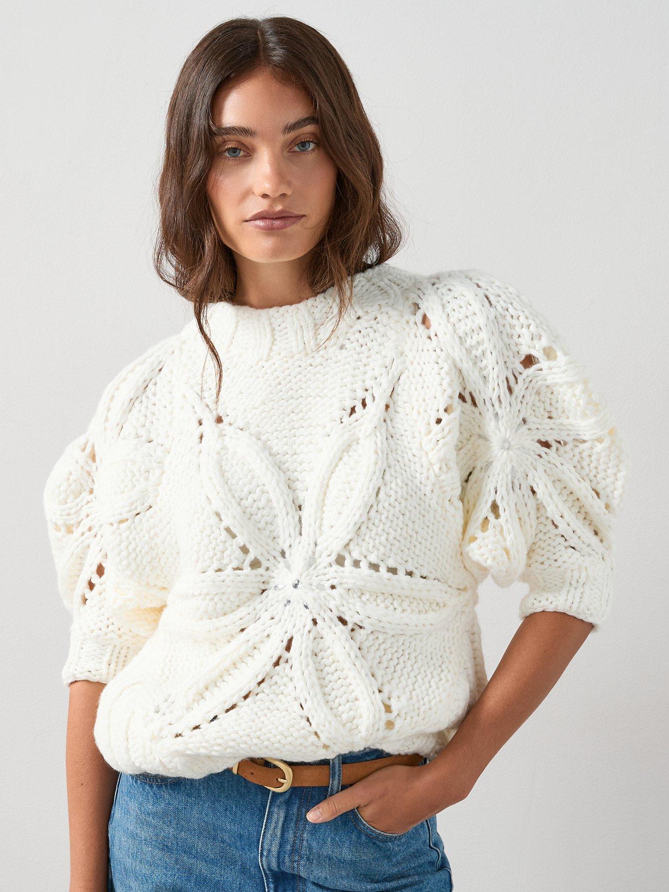undefined Crew Neck Hand Knitted Embellished Jumper - Cream