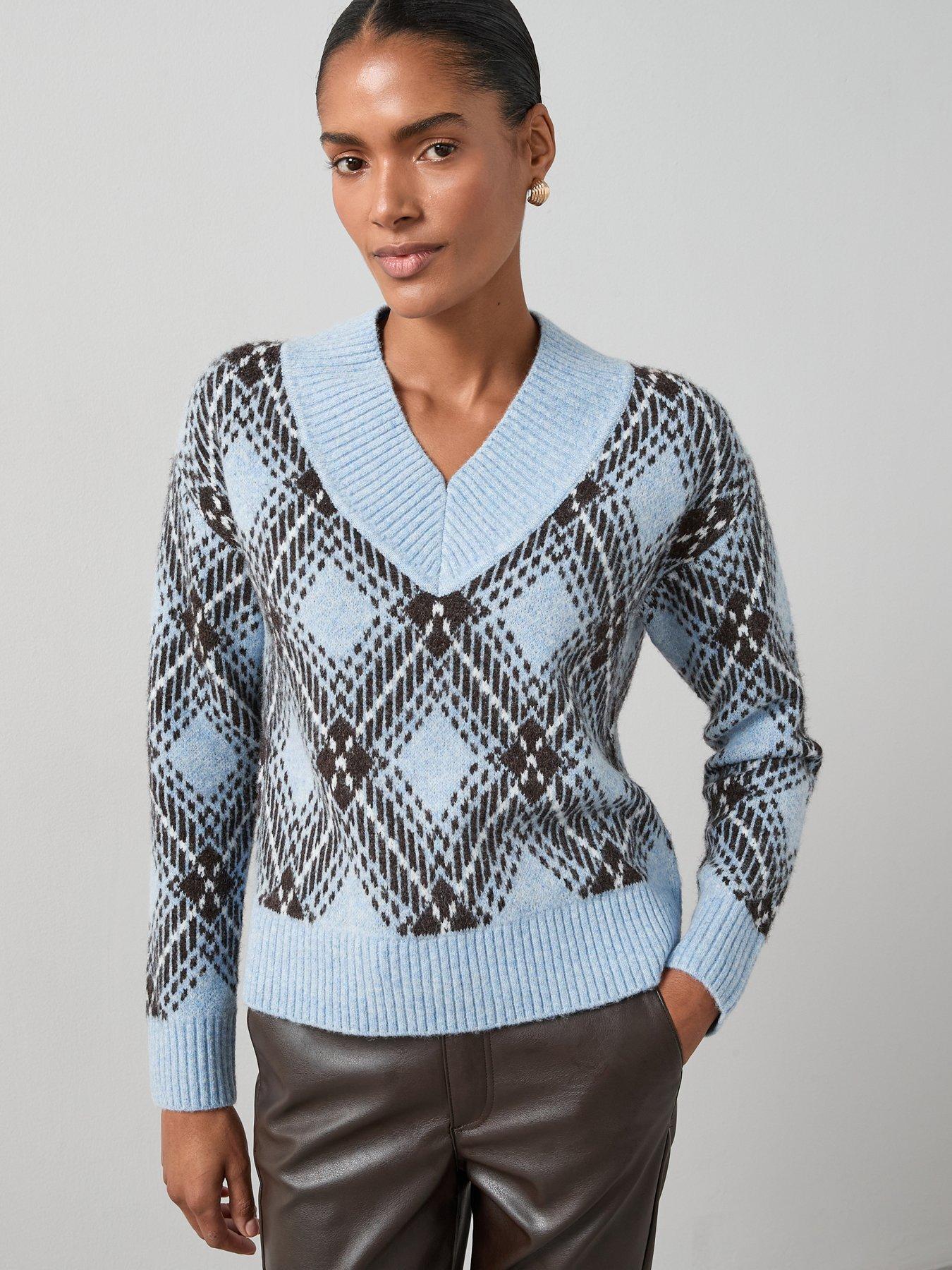 undefined Deep V Neck Argyle Jacquard Jumper With Wool - Blue