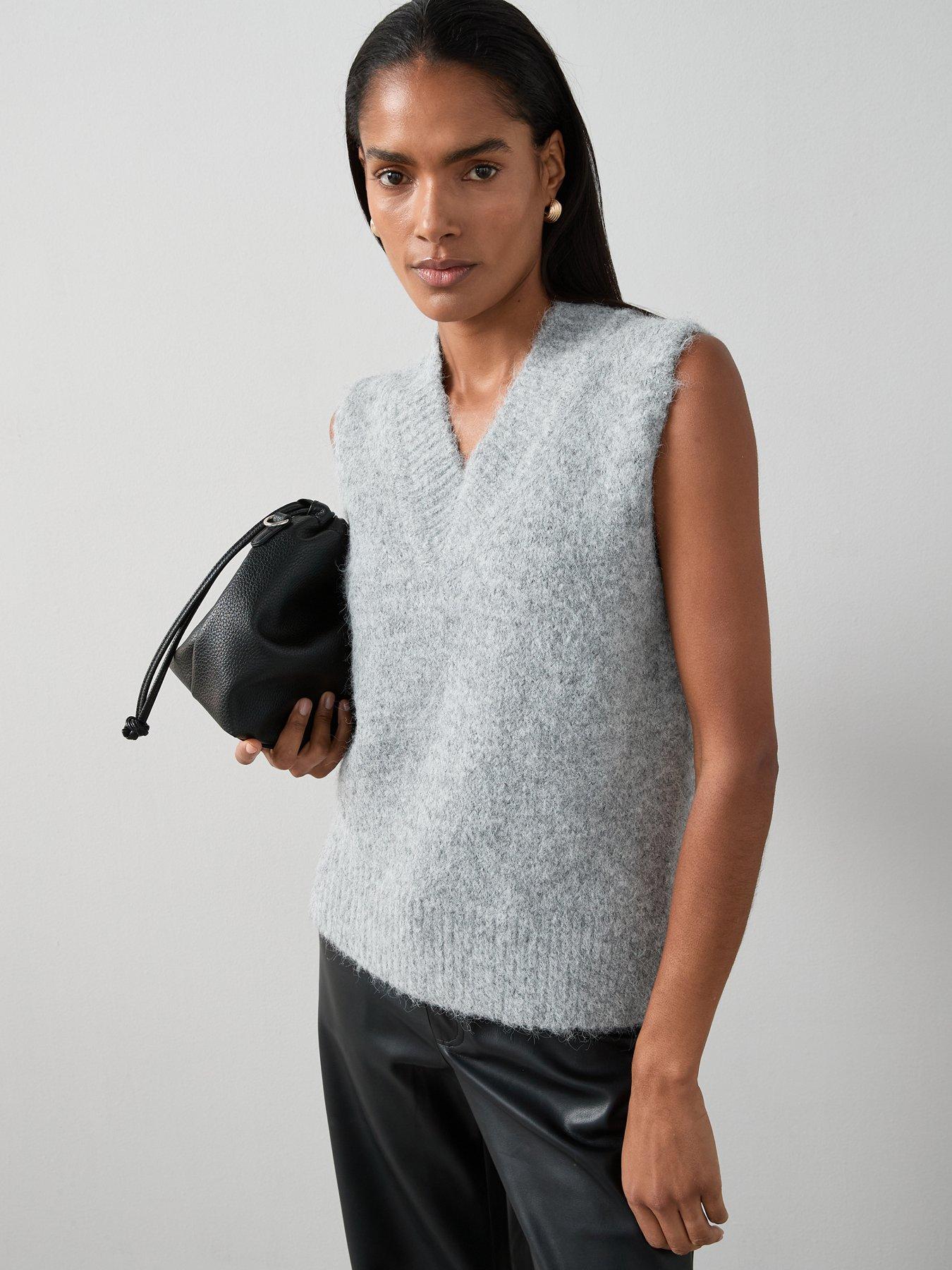 undefined V Neck Sleeveless Knitted Tank With Wool - Grey