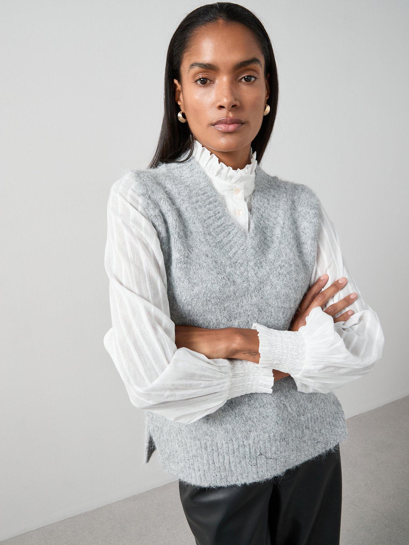 Image 1 of 6 of The Very Collection V Neck Sleeveless Knitted Tank With Wool - Grey