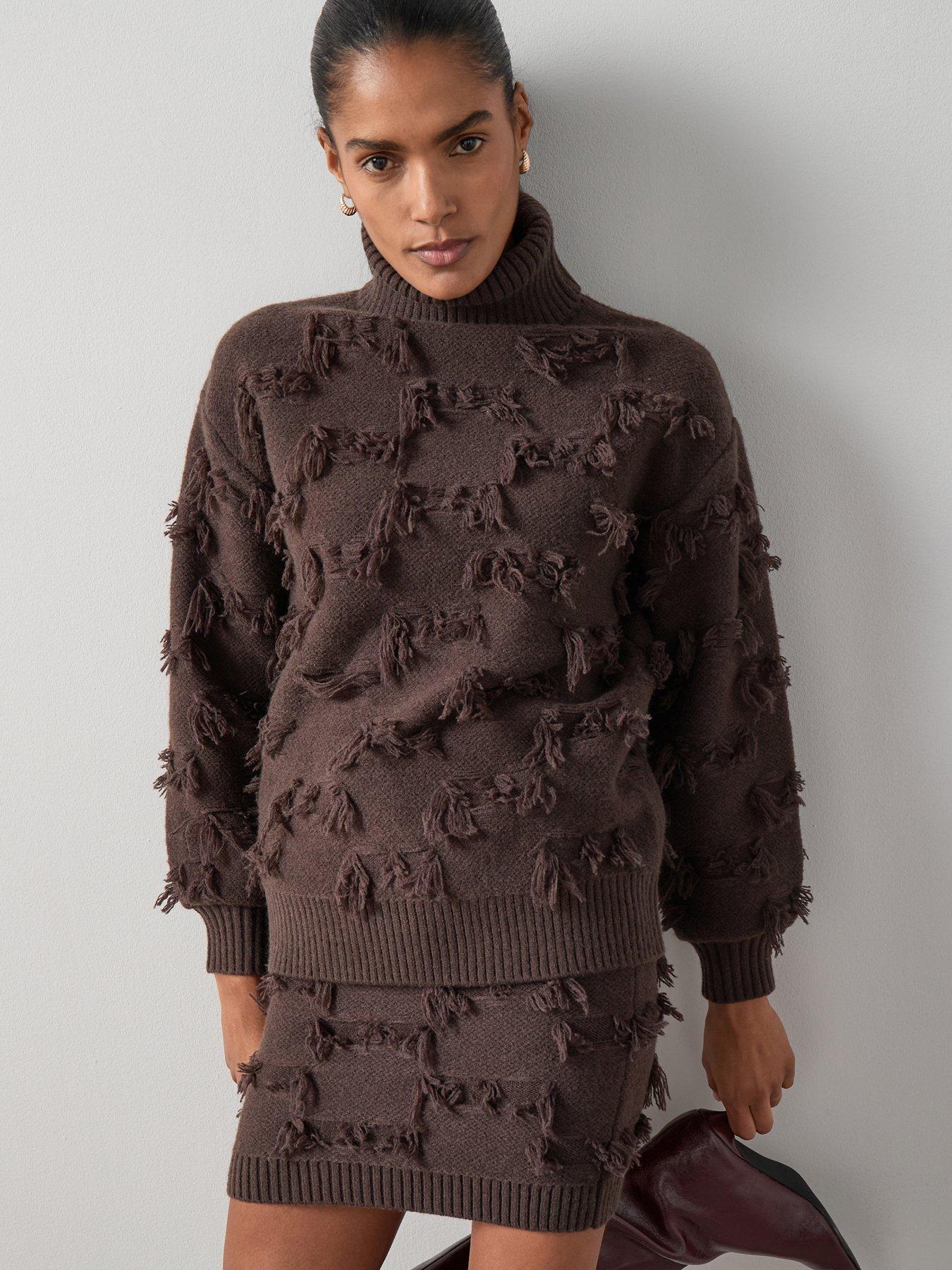 undefined Timeless Yarn Roll Neck Fringe Jumper Coord - Brown
