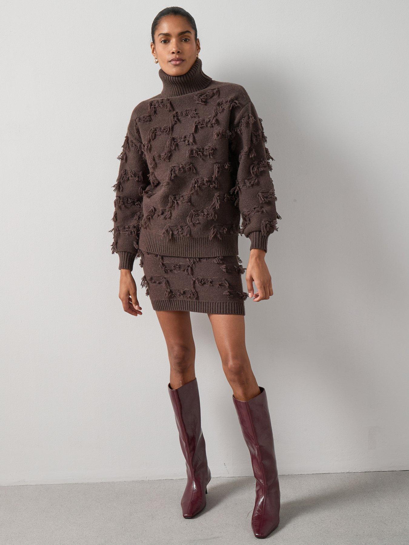 Image 3 of 6 of The Very Collection Timeless Yarn Roll Neck Fringe Jumper Coord - Brown