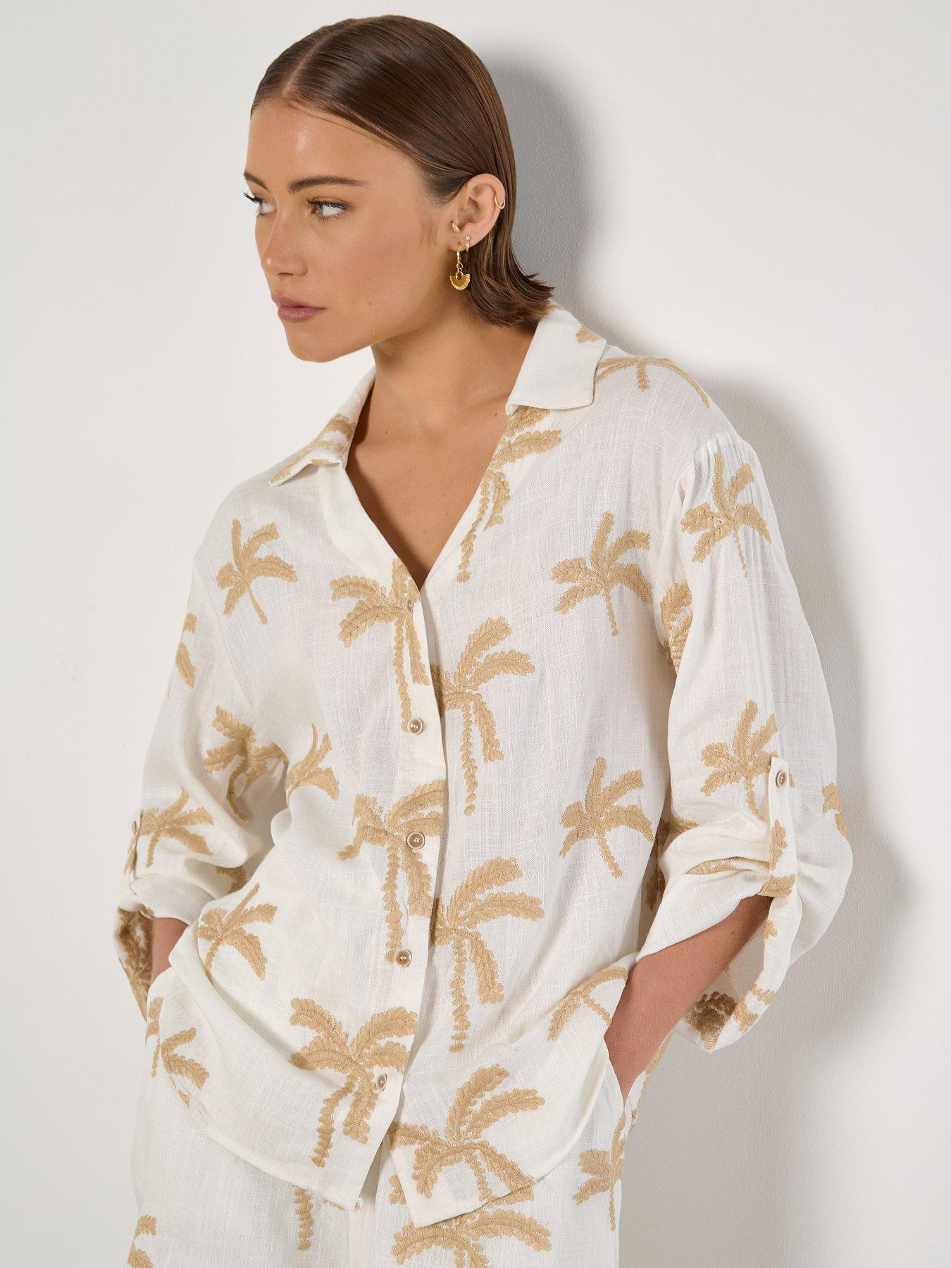  image of apricot-embroidered-palm-linen-mix-shirt