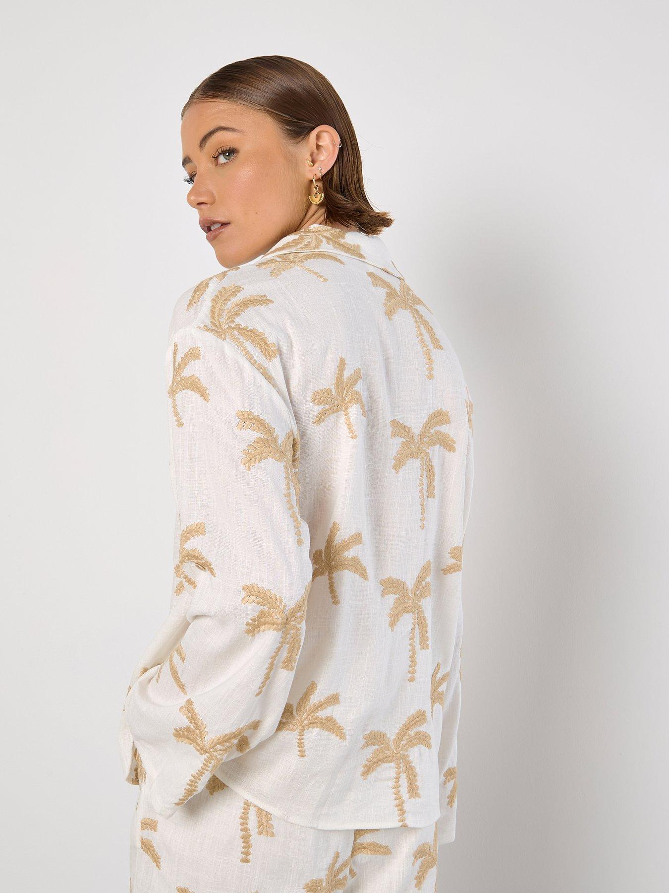  image of apricot-embroidered-palm-linen-mix-shirt