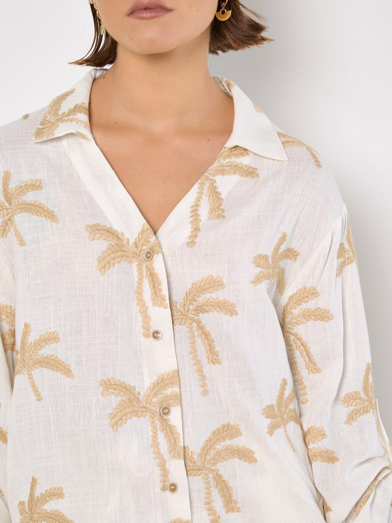  image of apricot-embroidered-palm-linen-mix-shirt