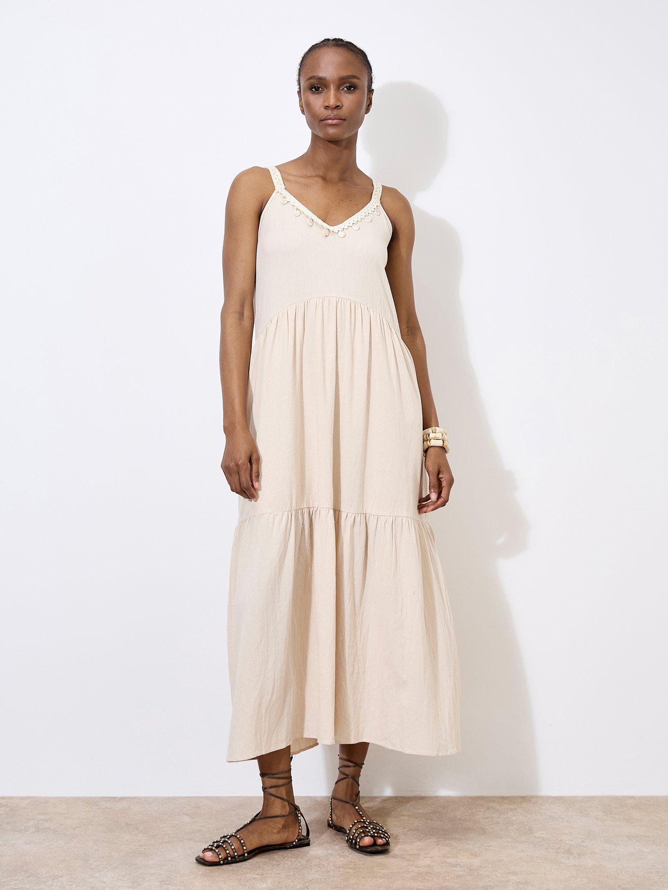 undefined Shell Detail Tiered Midaxi Dress - Cream
