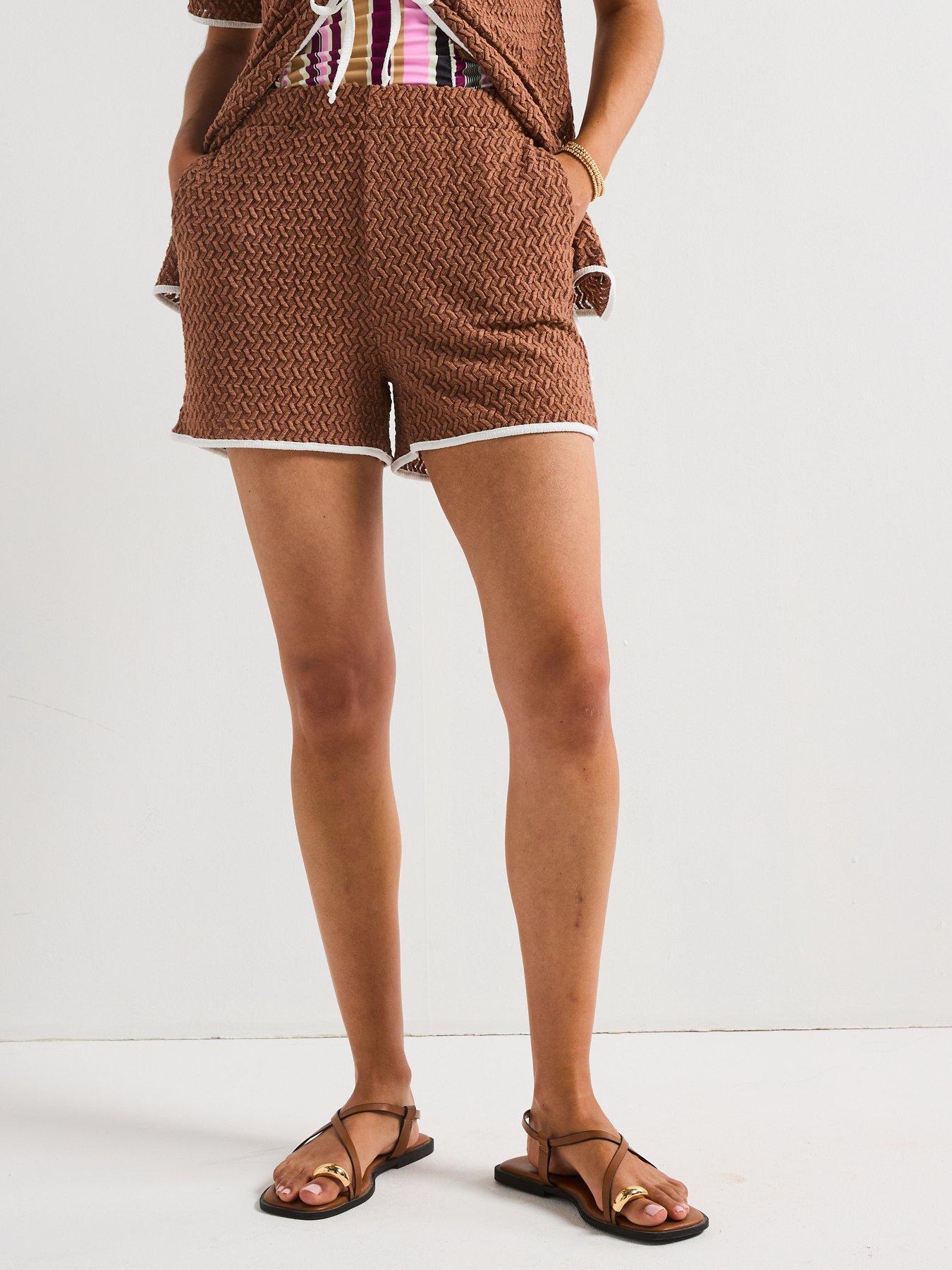 undefined Textured Contrast Trim Shorts Co-Ord - Brown