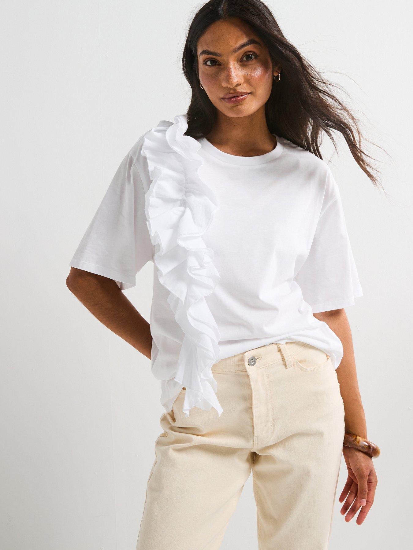 V by Very Frill Woven Mix Oversized T-shirt - White