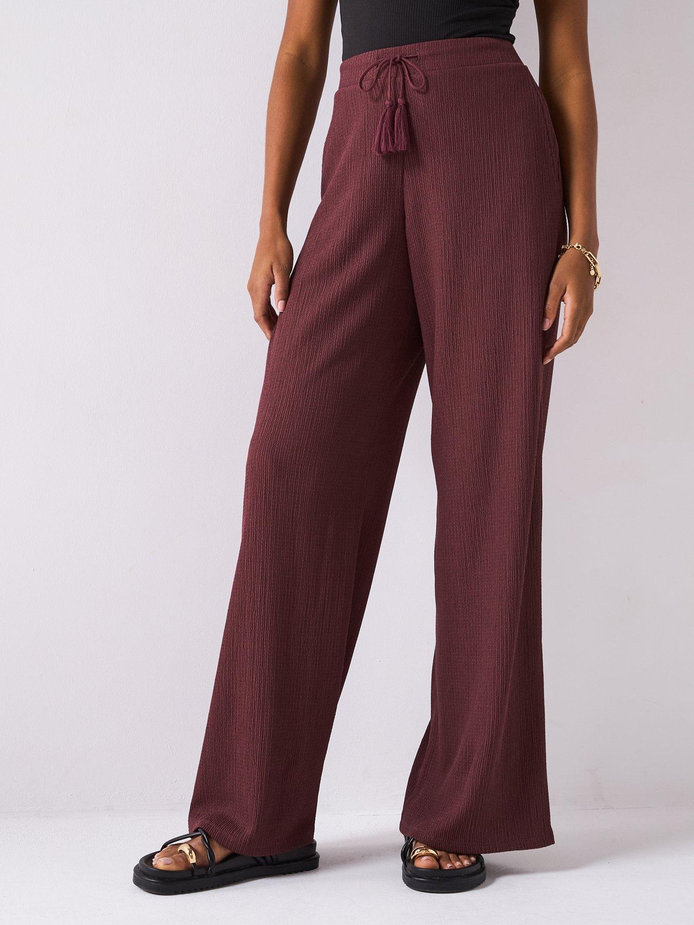 undefined Wide Leg Textured Trousers - Chocolate