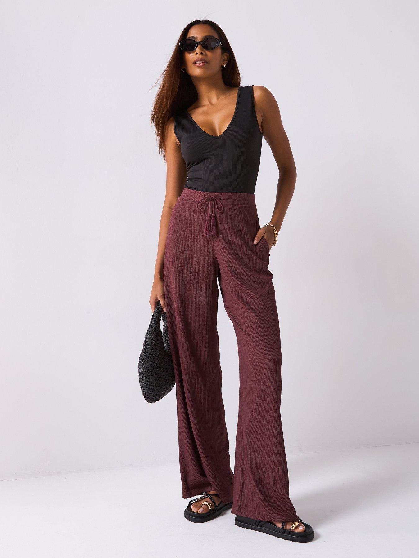  image of v-by-very-wide-leg-textured-trousers-chocolate