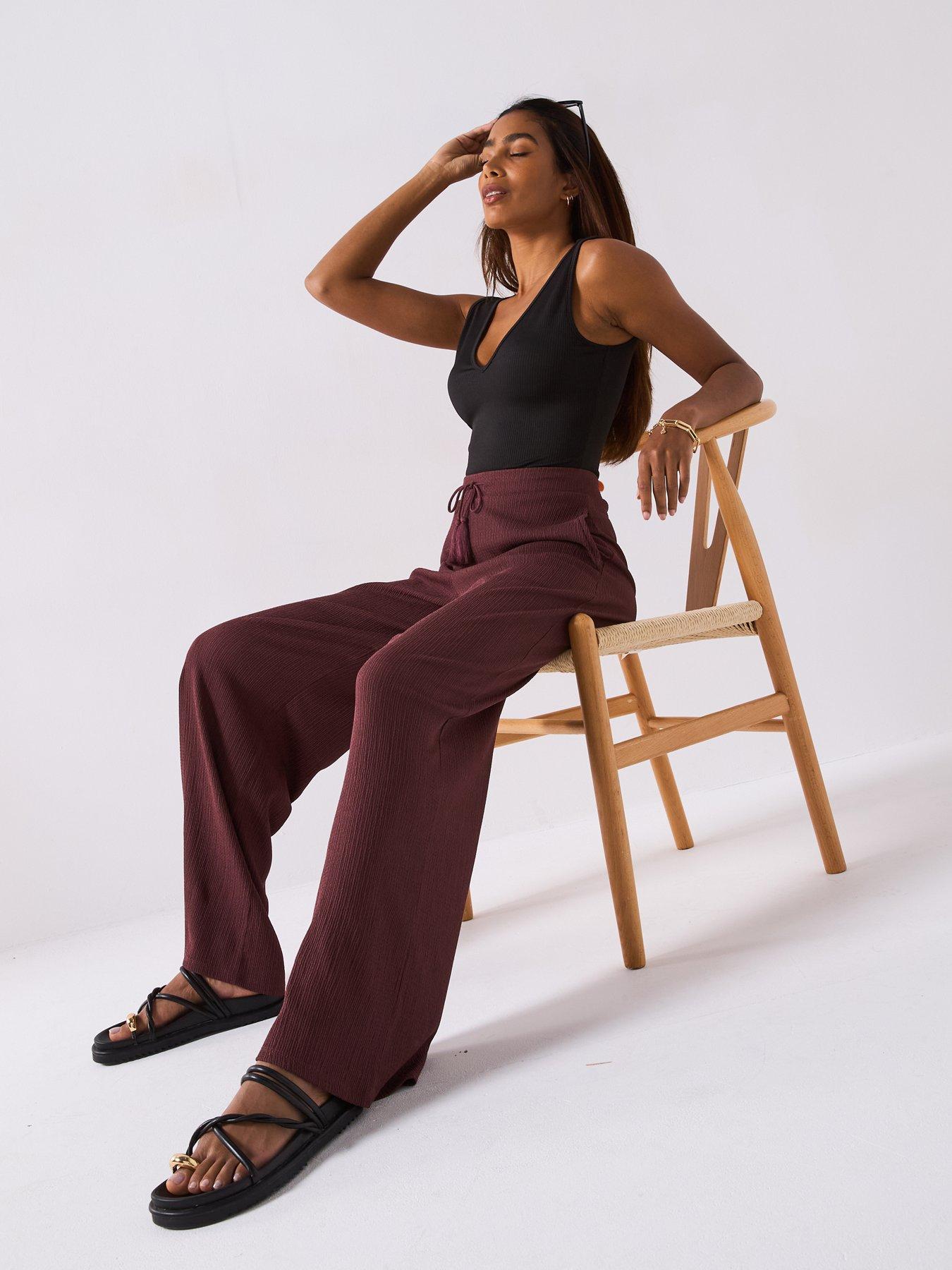  image of v-by-very-wide-leg-textured-trousers-chocolate