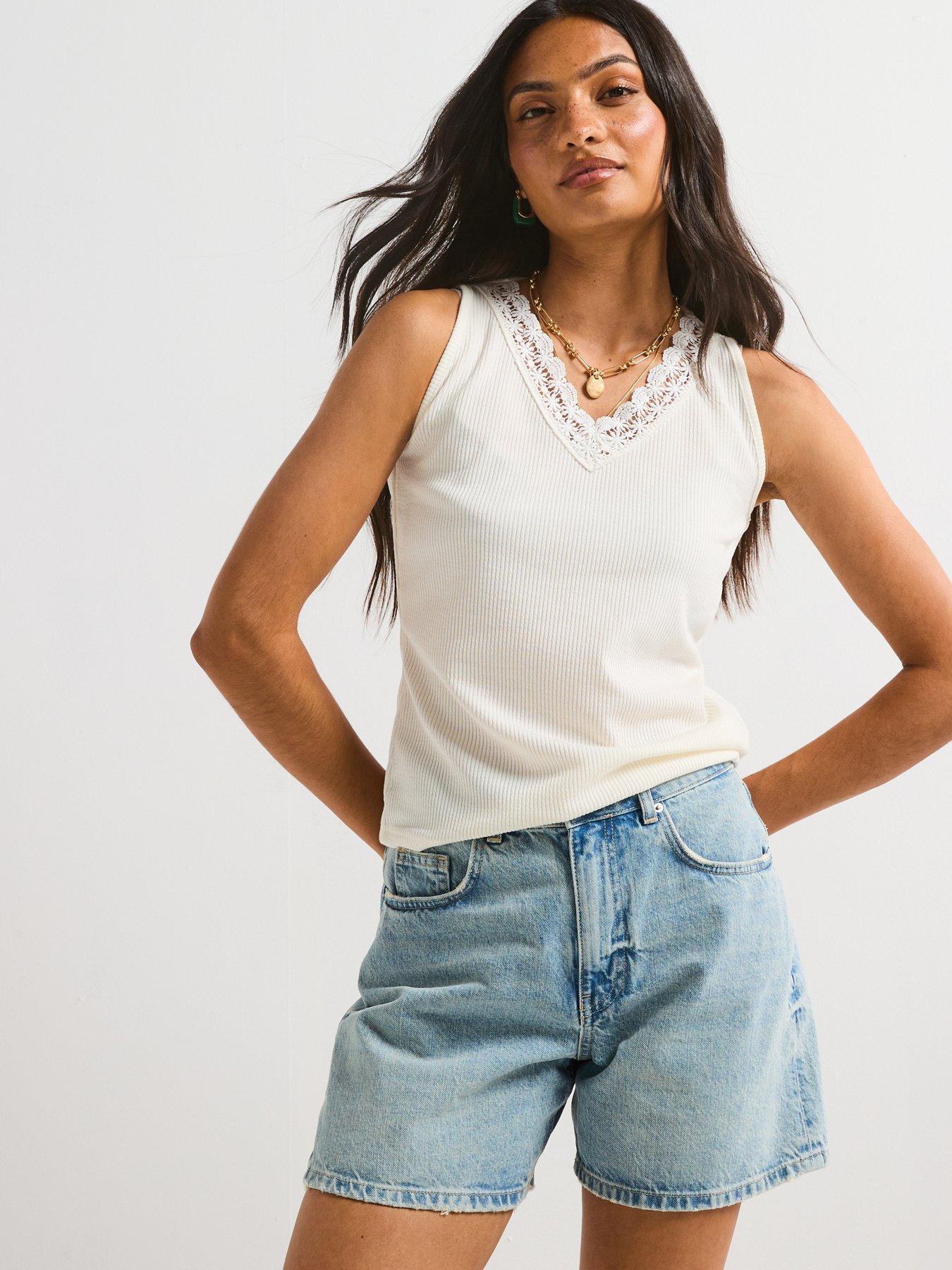 undefined Crochet Trim V Neck Vest - Cream