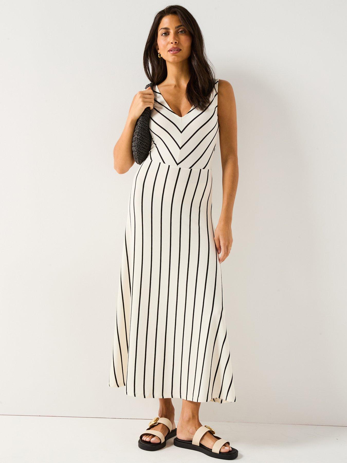 Image 1 of 6 of V by Very Textured Stripe Midaxi Dress - Cream/Black