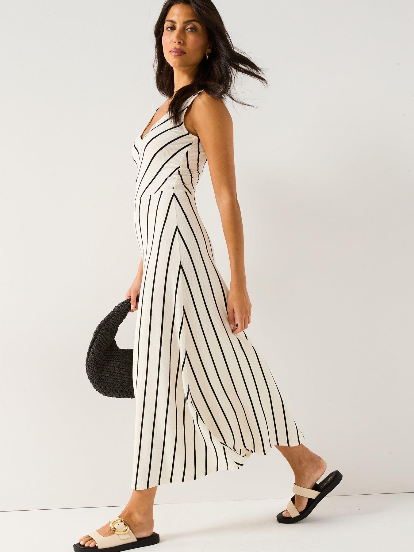 Image 3 of 6 of V by Very Textured Stripe Midaxi Dress - Cream/Black